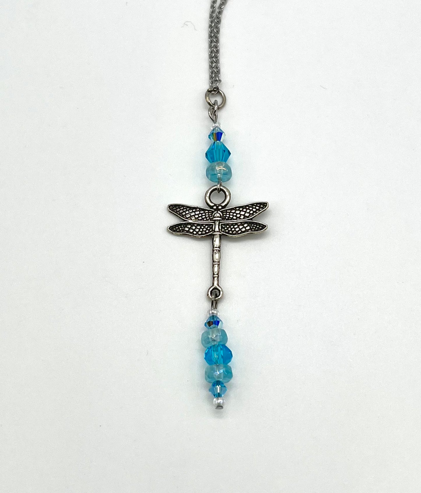 Dragonfly pendant with glass bead detail stainless steel necklace