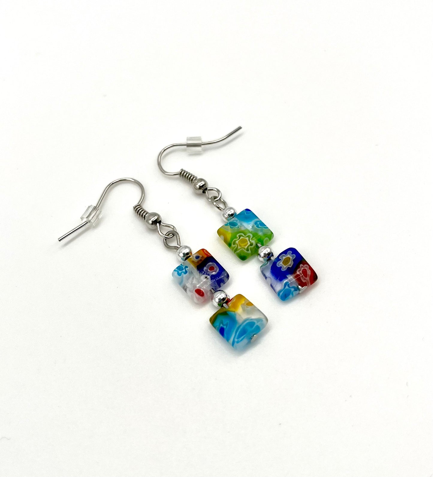 Multi-color millefiori square glass bead earrings