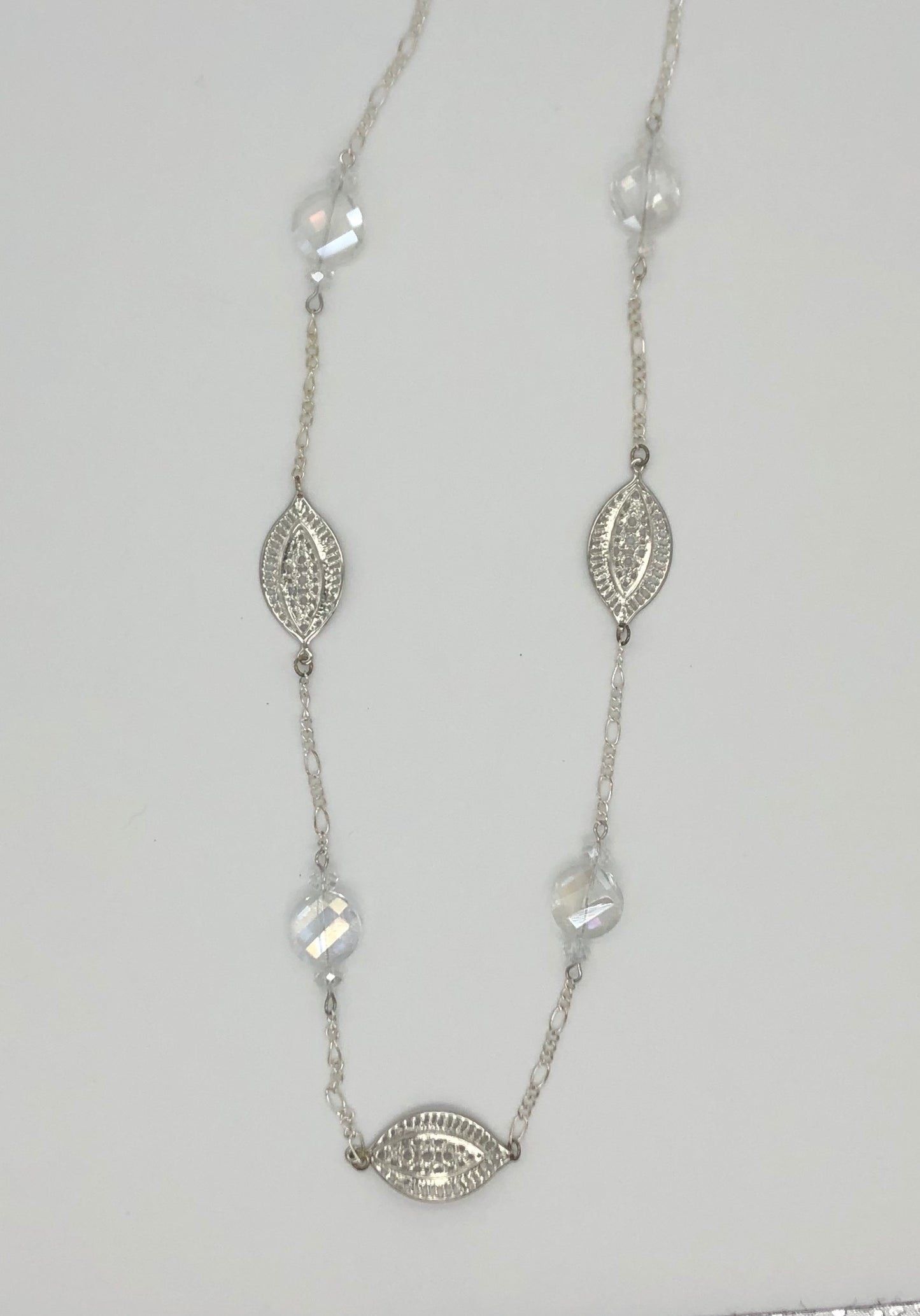 Silver plated paisley cut connector and round crystal glass bead chain necklace