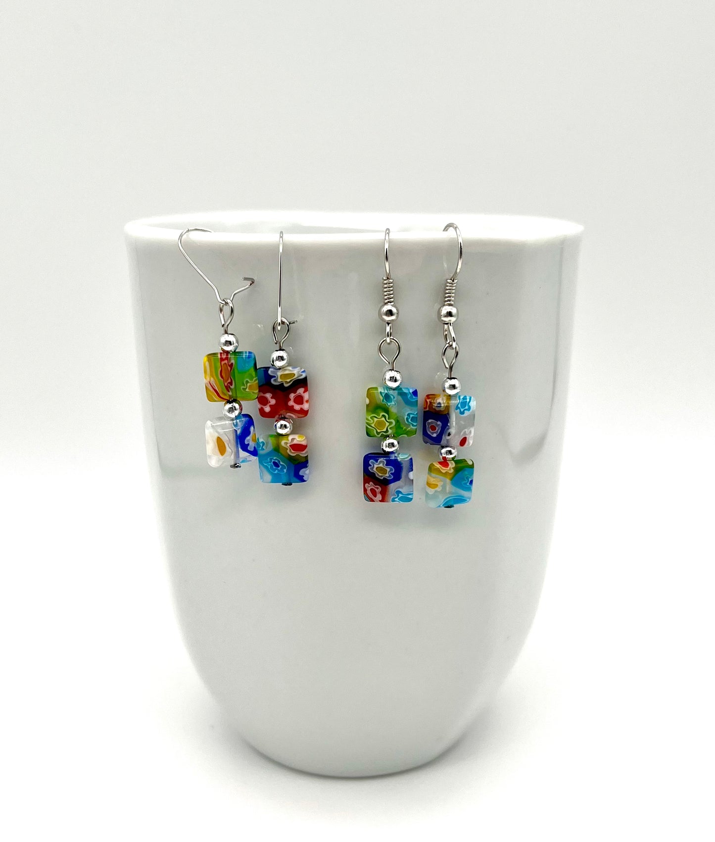 Multi-color millefiori square glass bead earrings