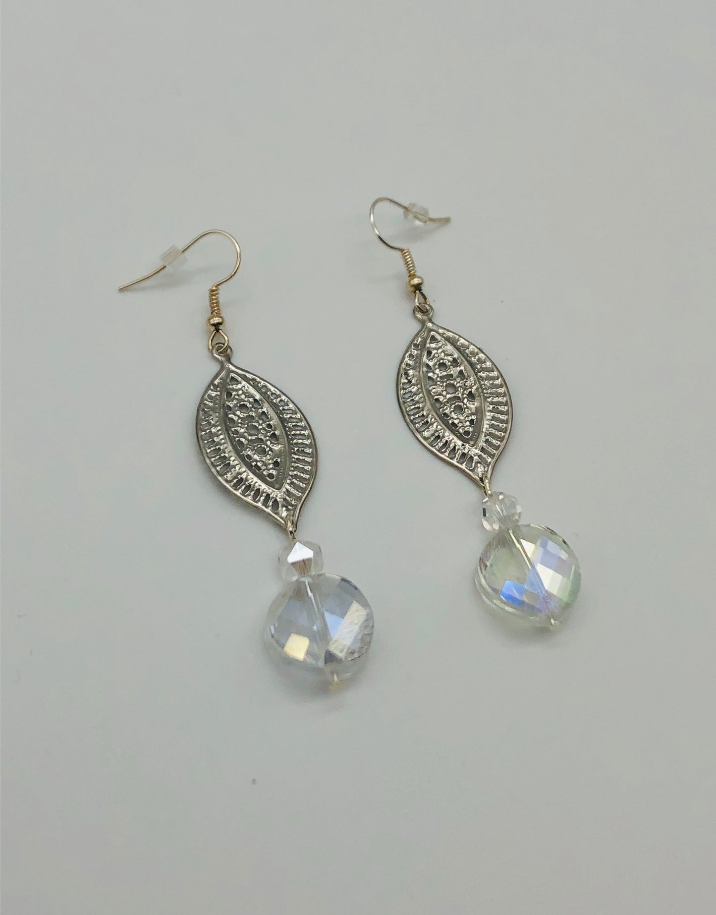 Silver plated paisley cut connector and round crystal glass bead earrings