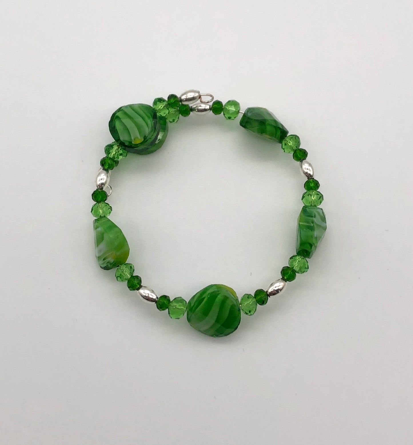 Green marble glass beads silver oval beads memory wire bracelet