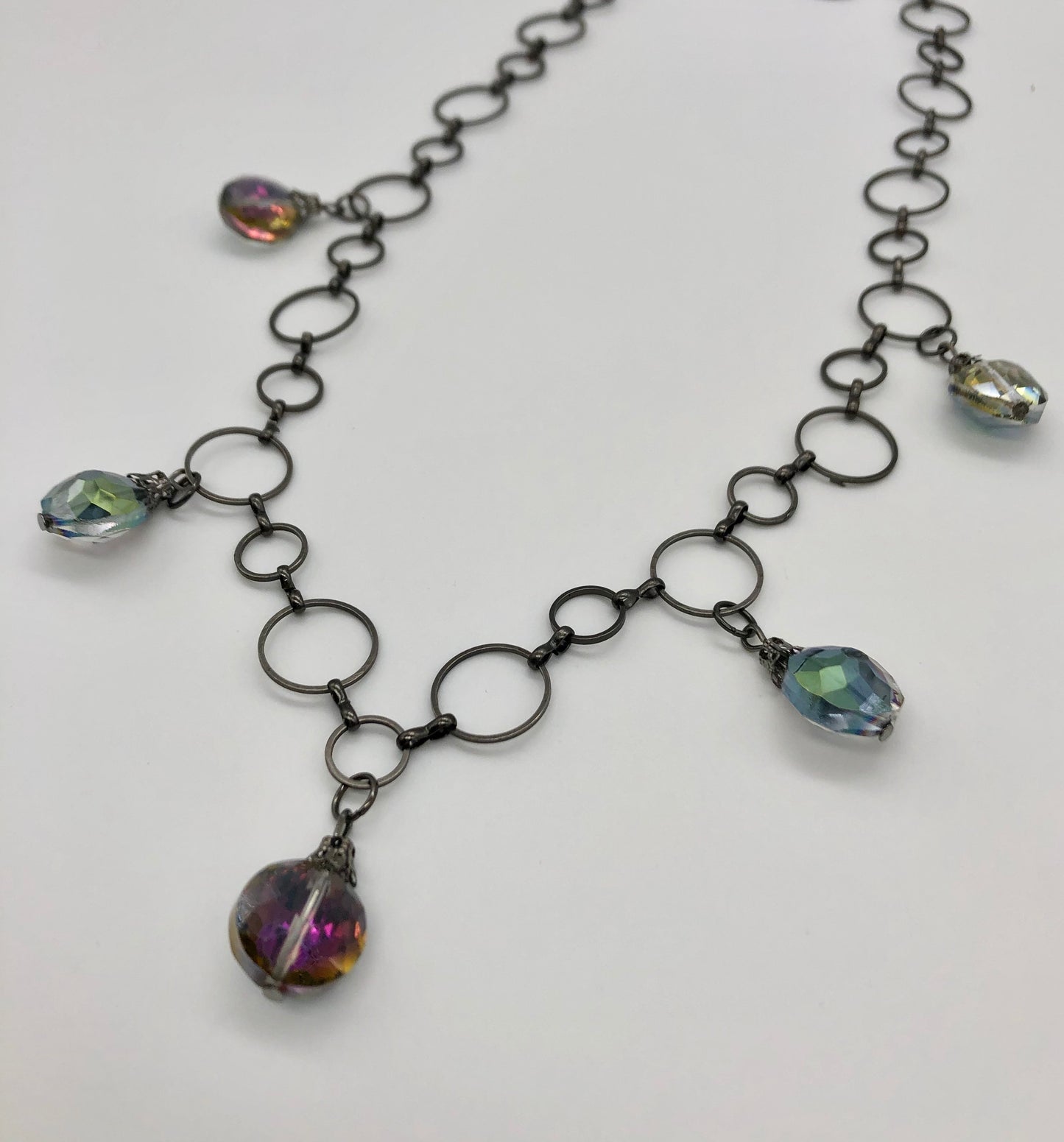 Iridescent glass bulb beads on circle chain necklace