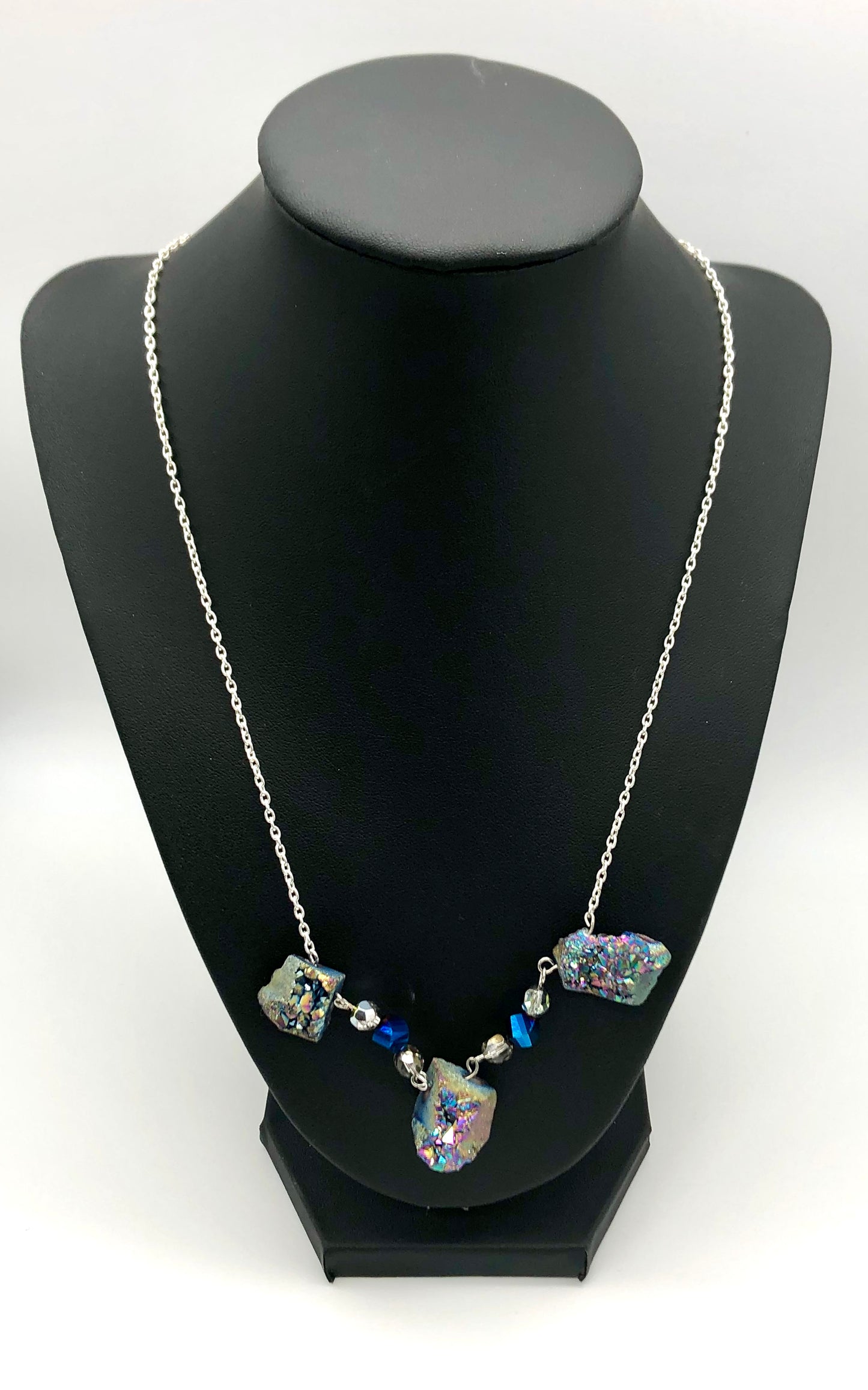 Blue druzy and silver chain necklace