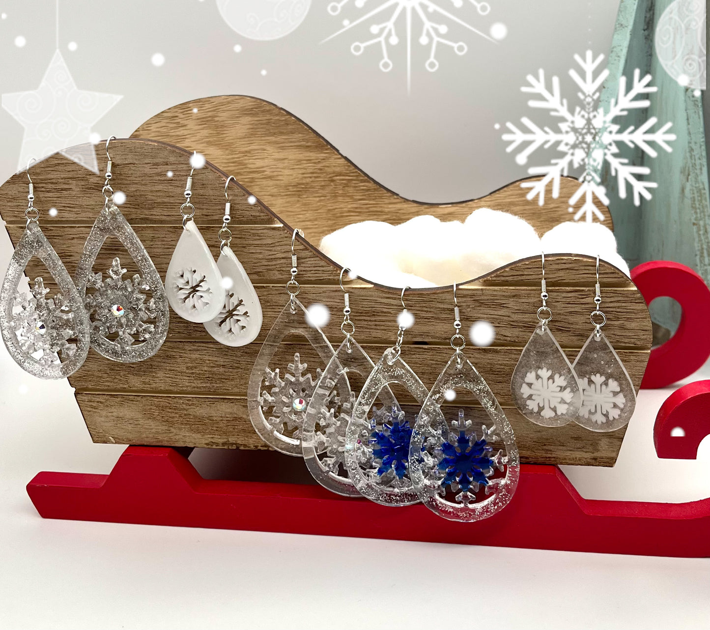 Resin snowflake teardrop shape earrings