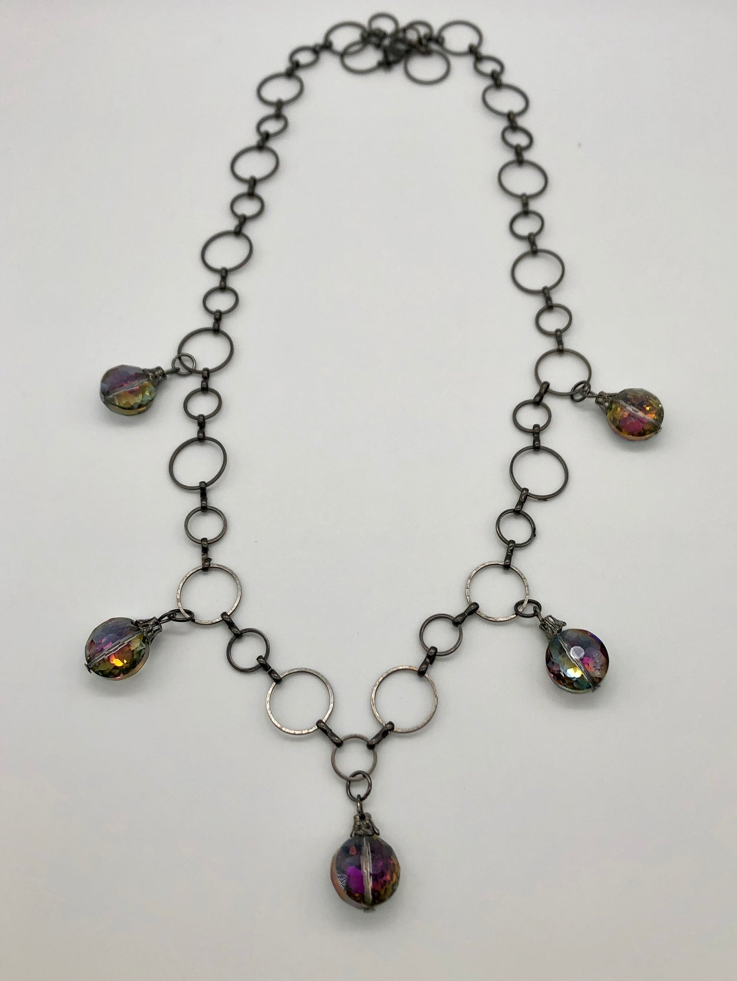 Iridescent glass bulb beads on circle chain necklace