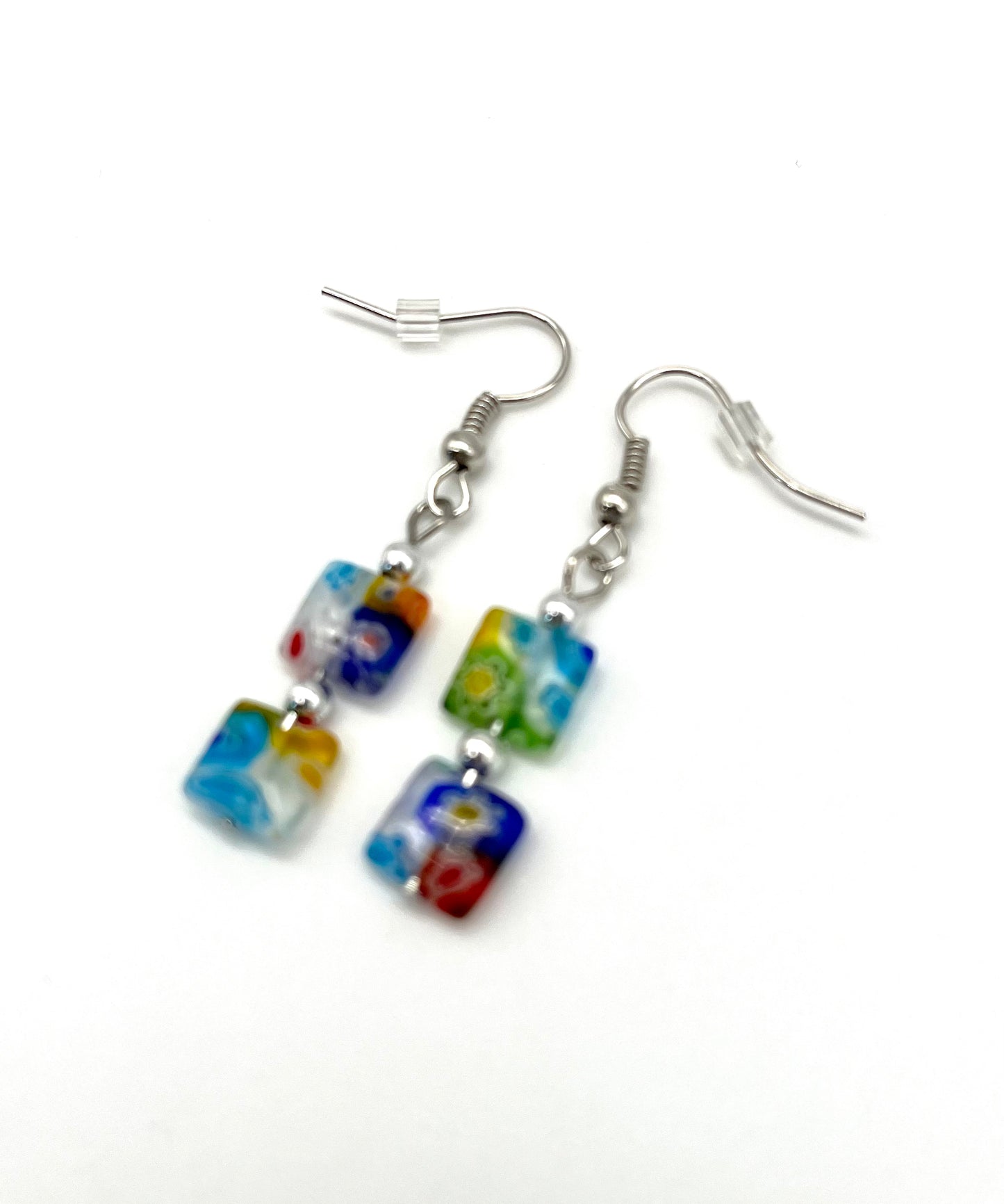 Multi-color millefiori square glass bead earrings