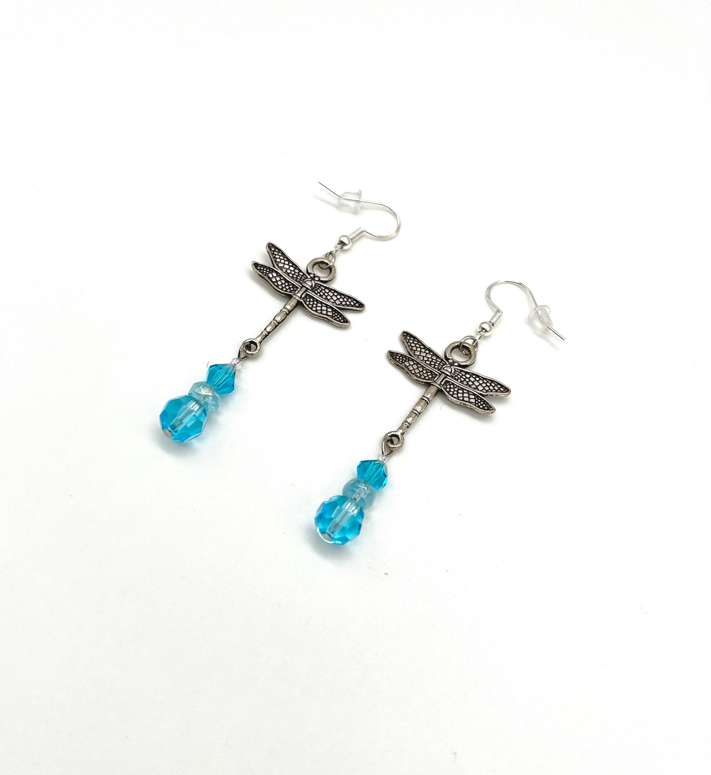 Silver plated dragonfly bead detail dangle earrings