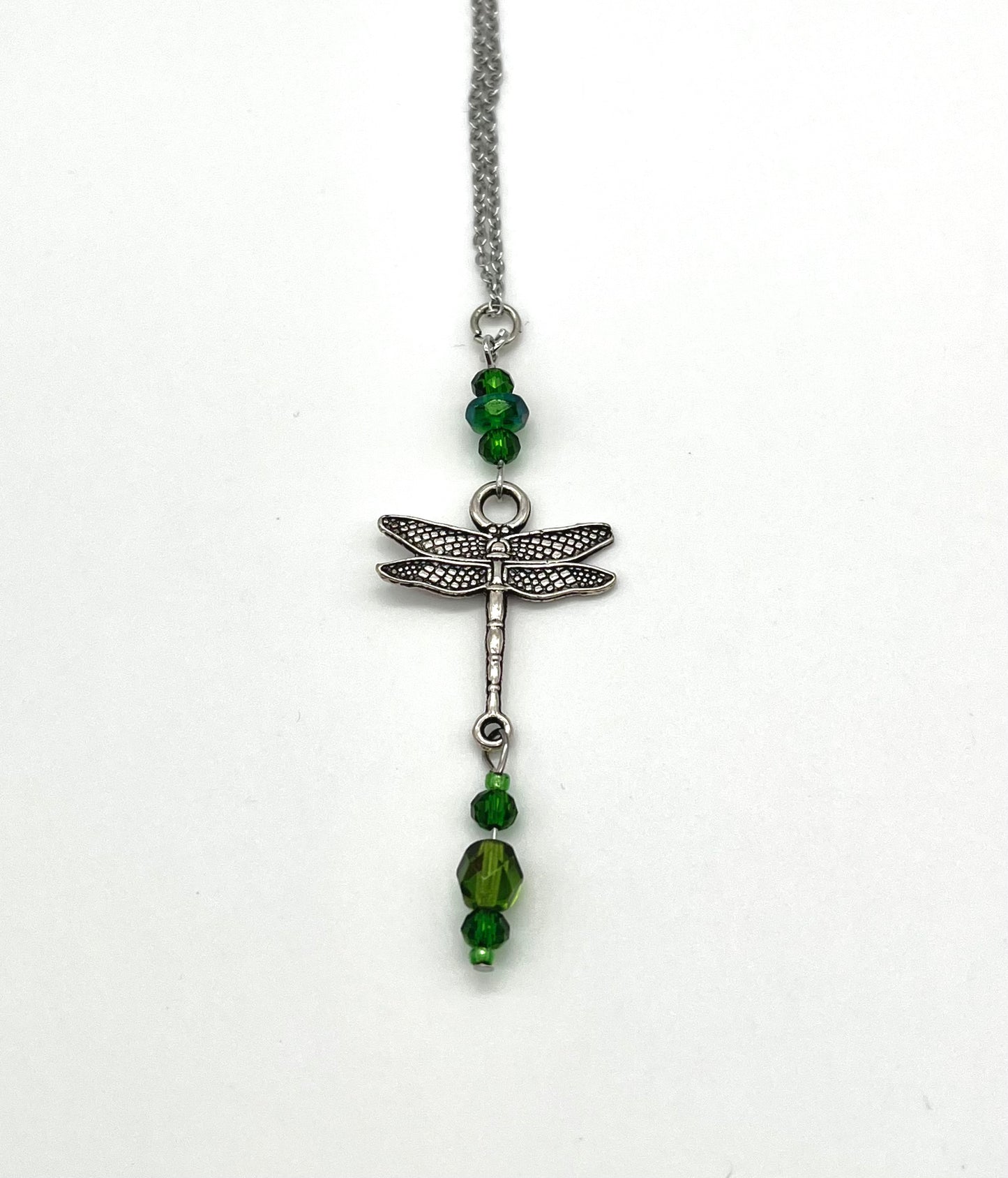 Dragonfly pendant with glass bead detail stainless steel necklace