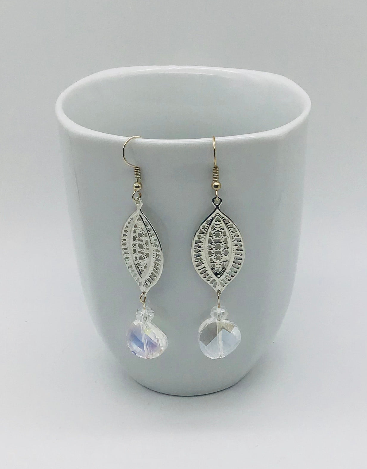 Silver plated paisley cut connector and round crystal glass bead earrings