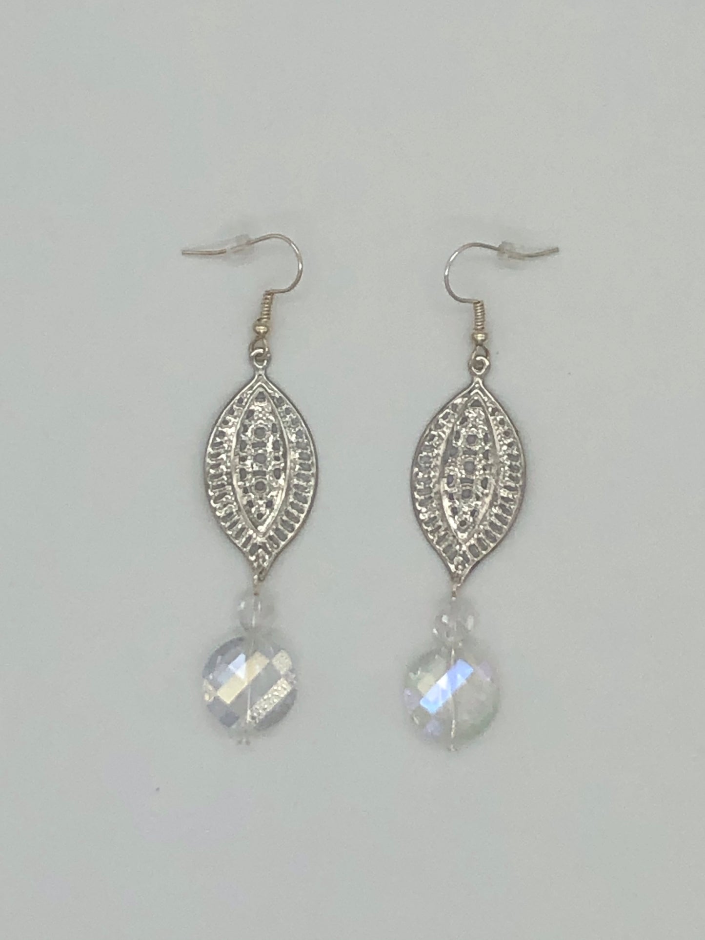 Silver plated paisley cut connector and round crystal glass bead earrings