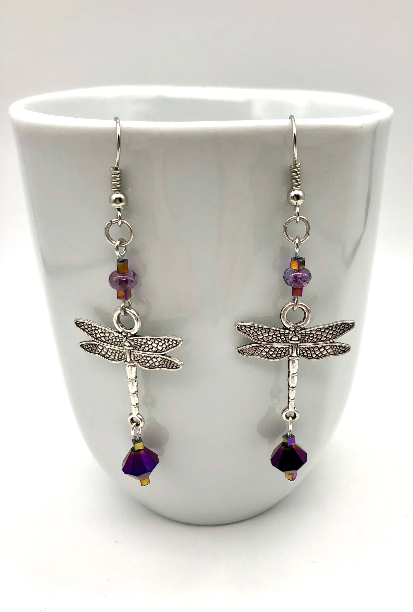Silver plated dragonfly bead detail dangle earrings