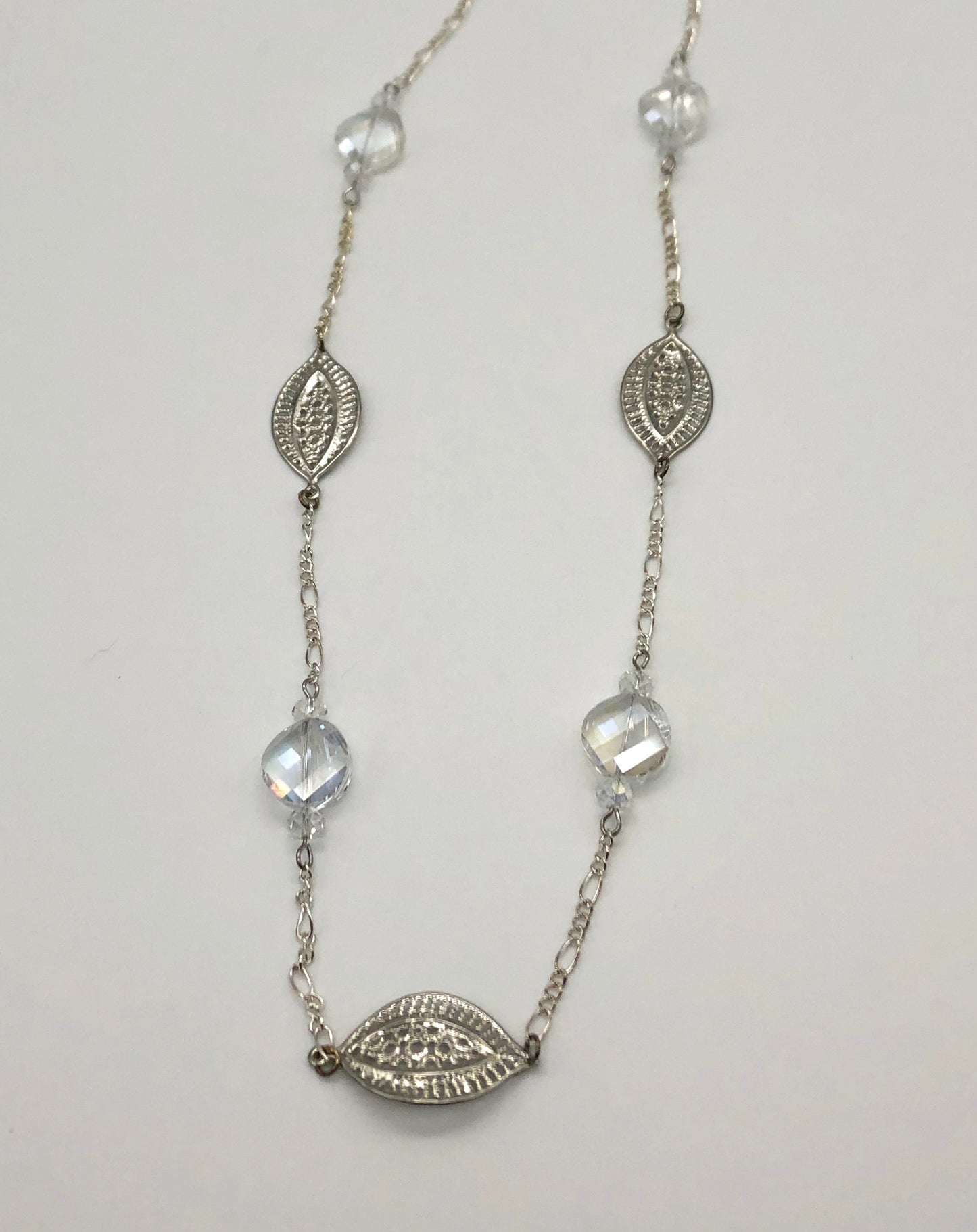 Silver plated paisley cut connector and round crystal glass bead chain necklace