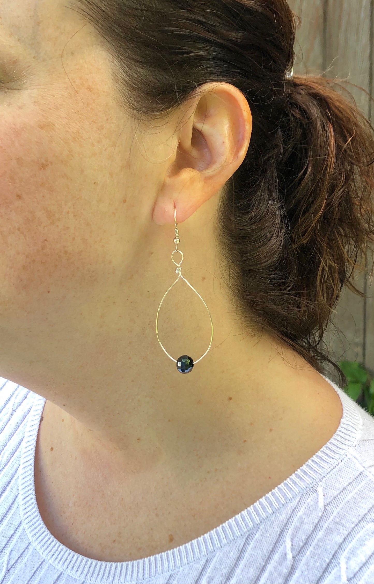 Long wire wrapped loop with dark grey sparkly beads earrings