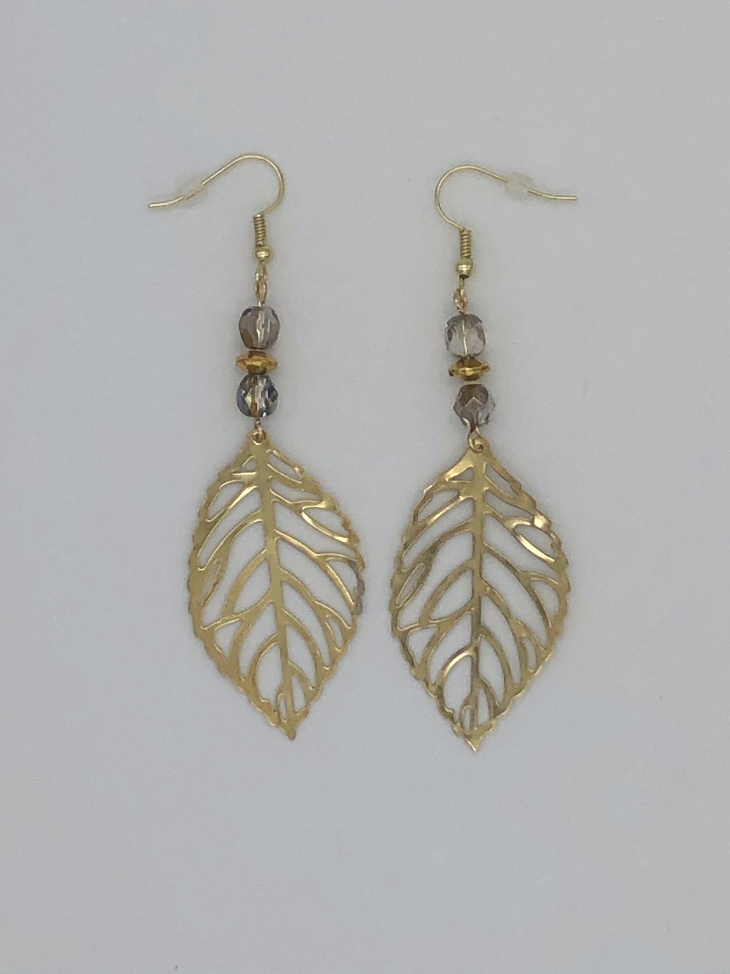 Gold leaf with gold and amber beads earrings