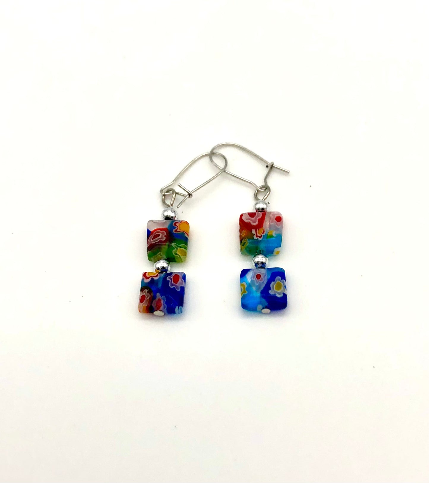 Multi-color millefiori square glass bead earrings