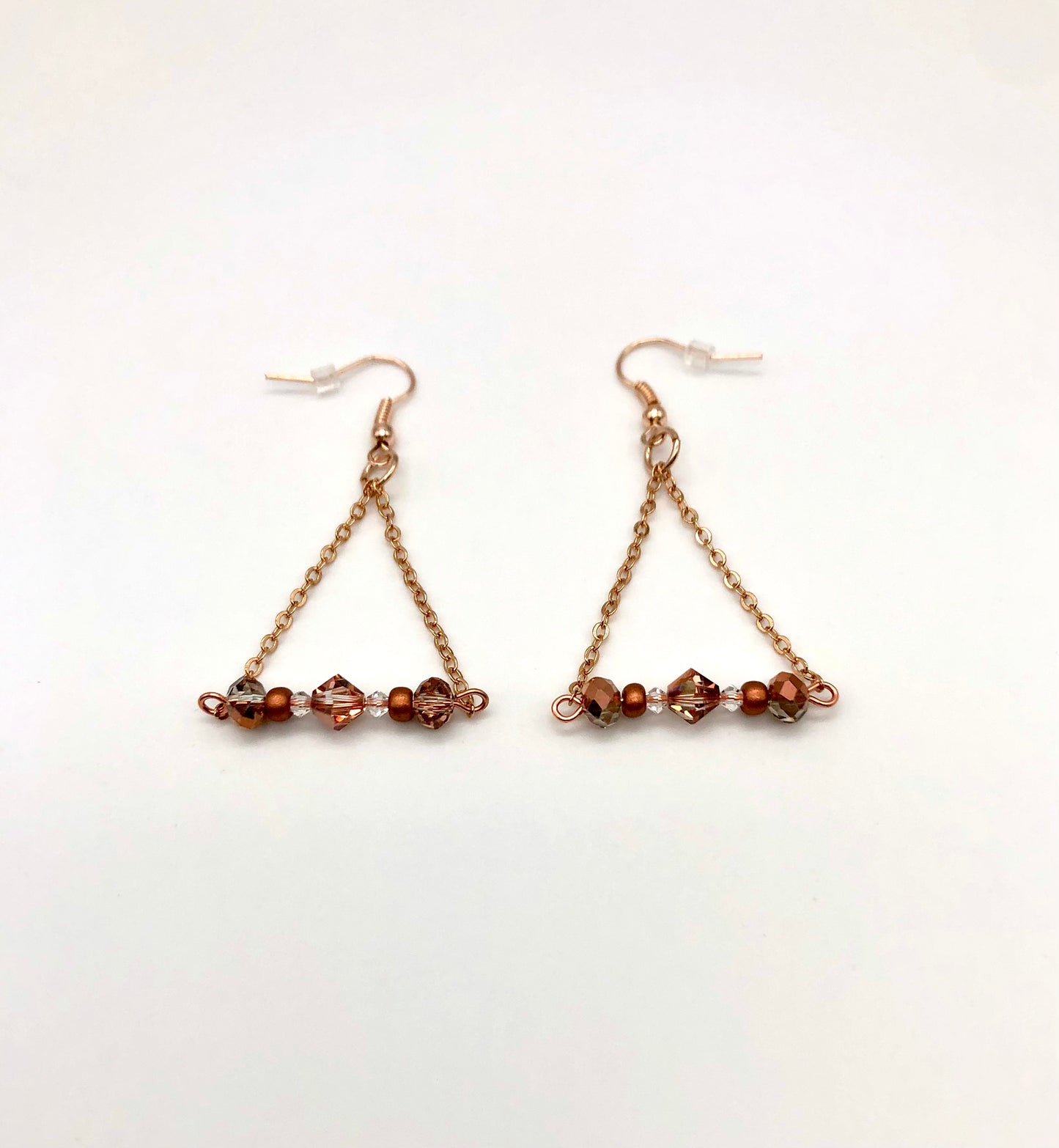Rose gold bead and chain triangle earrings