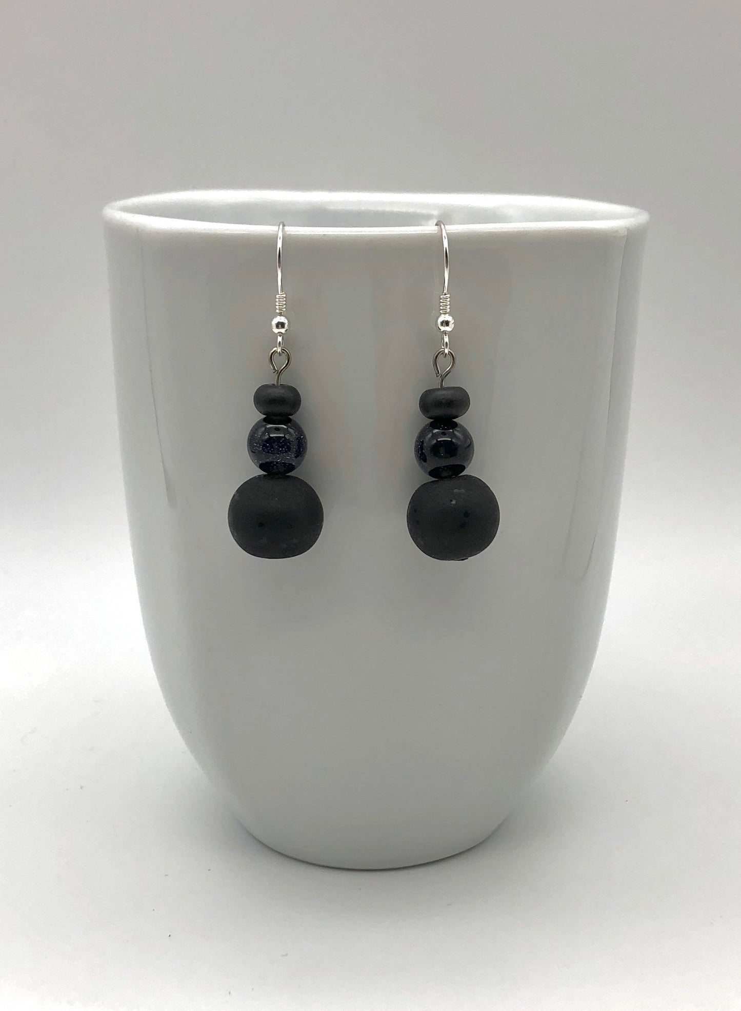 Matte round black and black sparkle stone drop earrings
