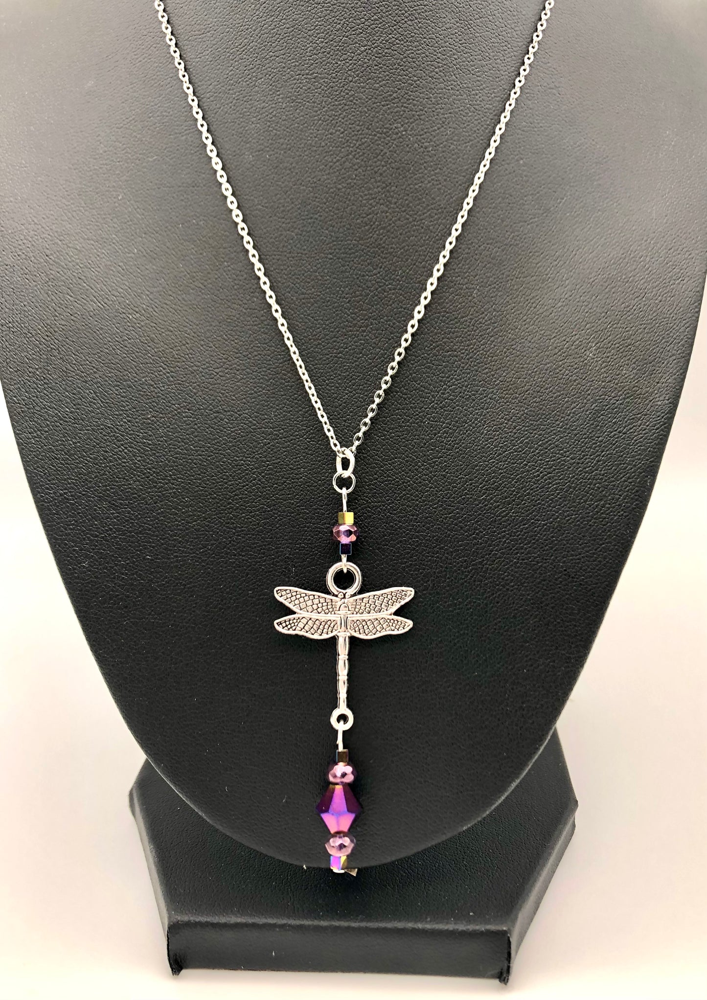 Dragonfly pendant with glass bead detail stainless steel necklace