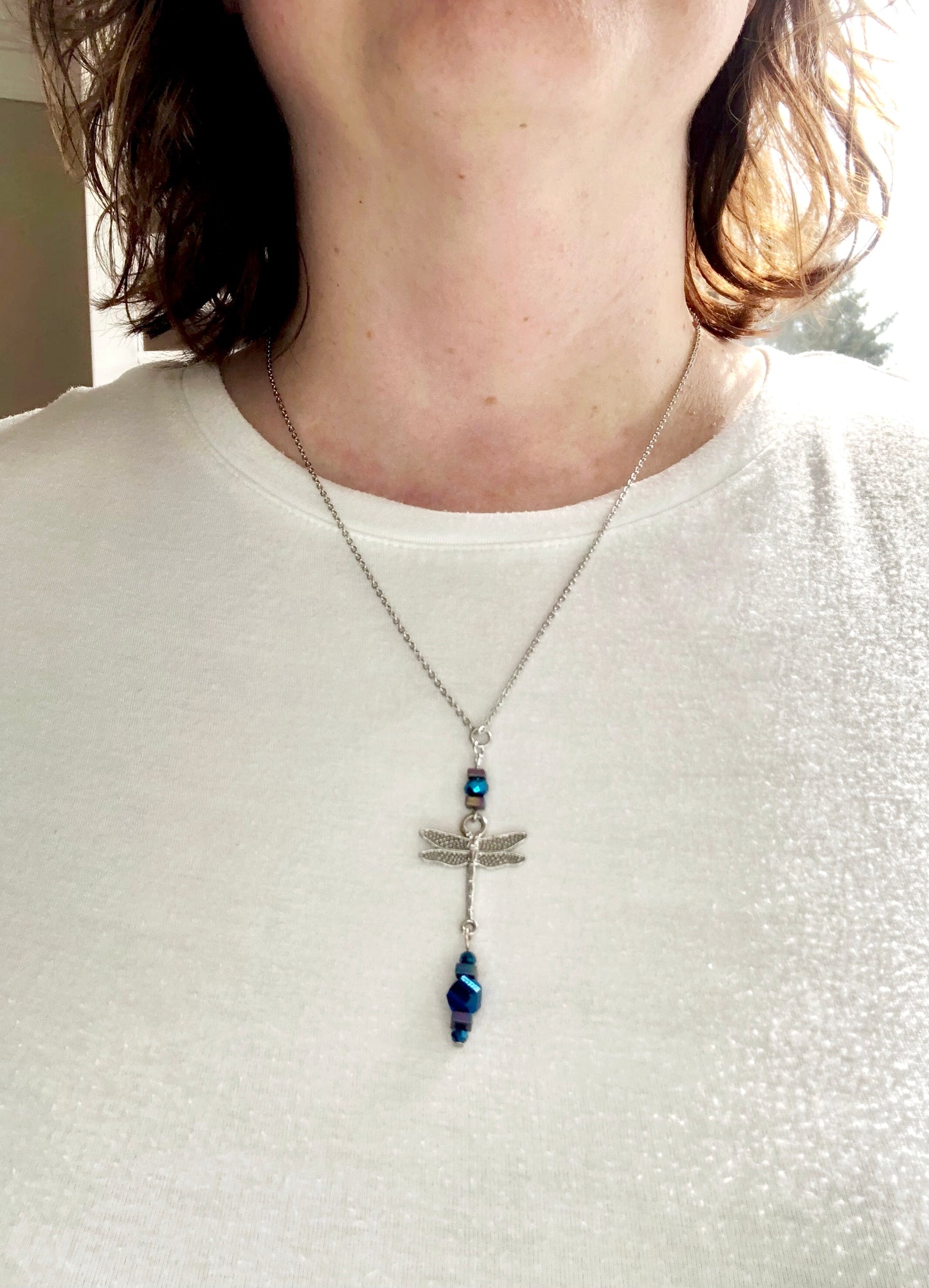 Dragonfly pendant with glass bead detail stainless steel necklace