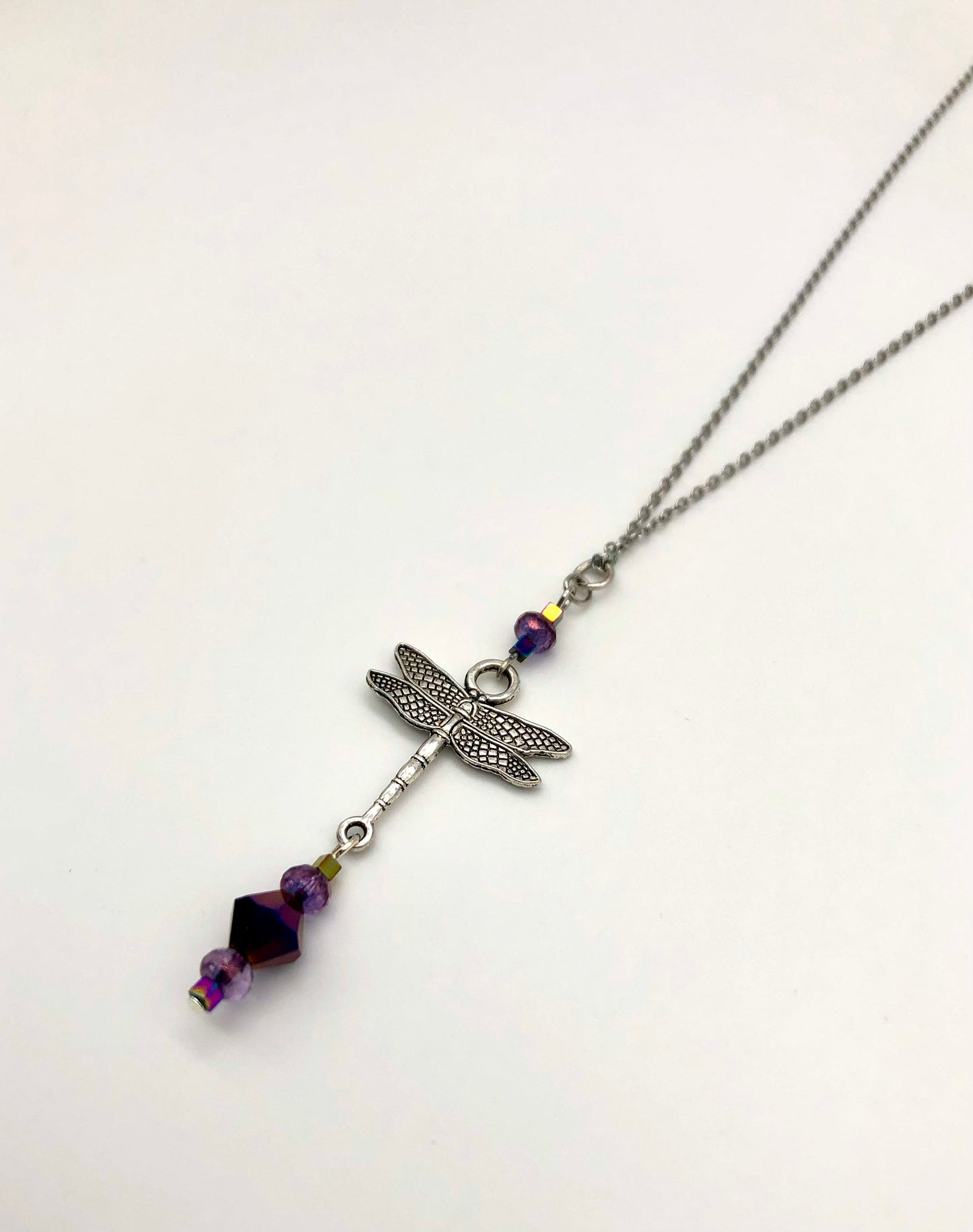Dragonfly pendant with glass bead detail stainless steel necklace