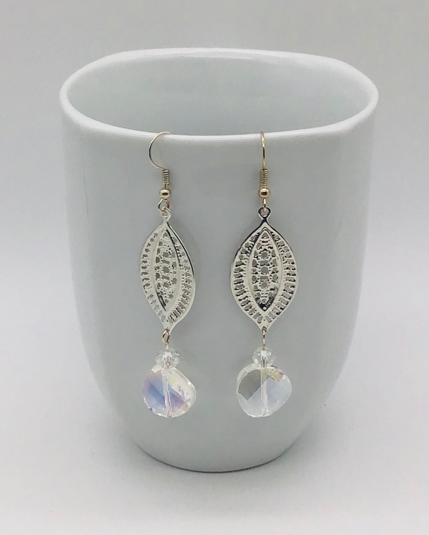 Silver plated paisley cut connector and round crystal glass bead earrings