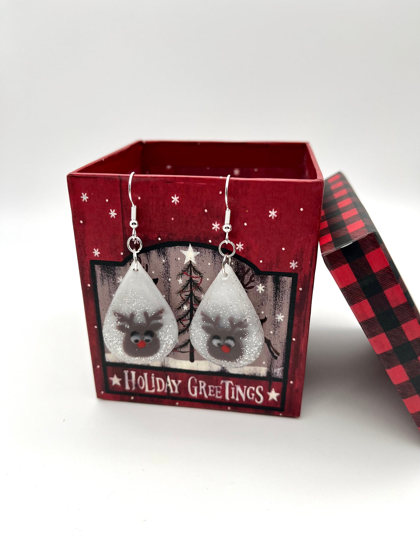 Resin reindeer teardrop earrings