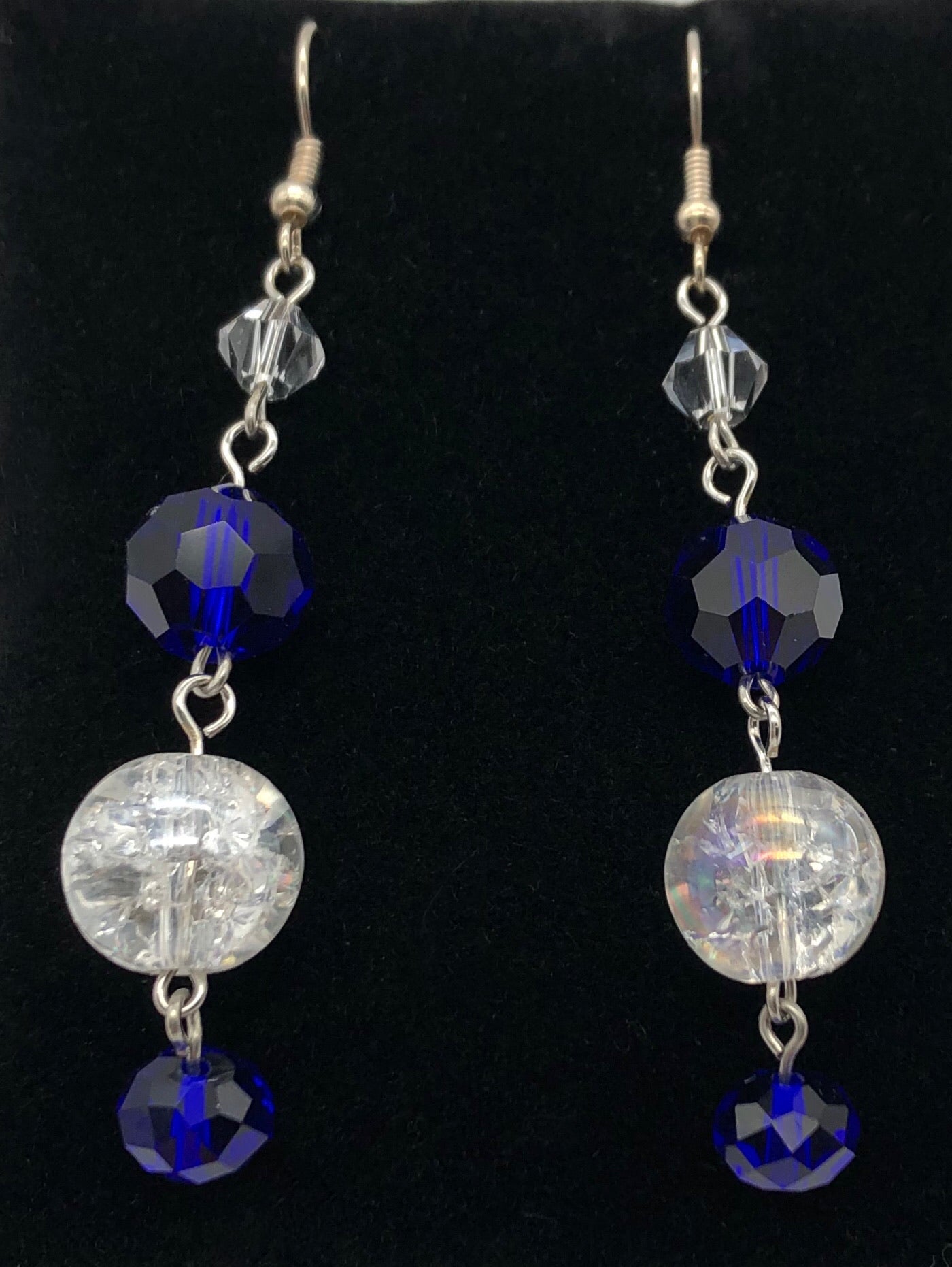 Royal blue faceted and crystal glass bead fishhook earrings