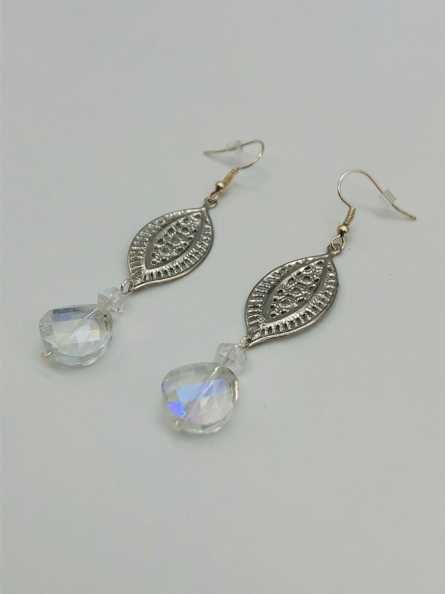 Silver plated paisley cut connector and round crystal glass bead earrings