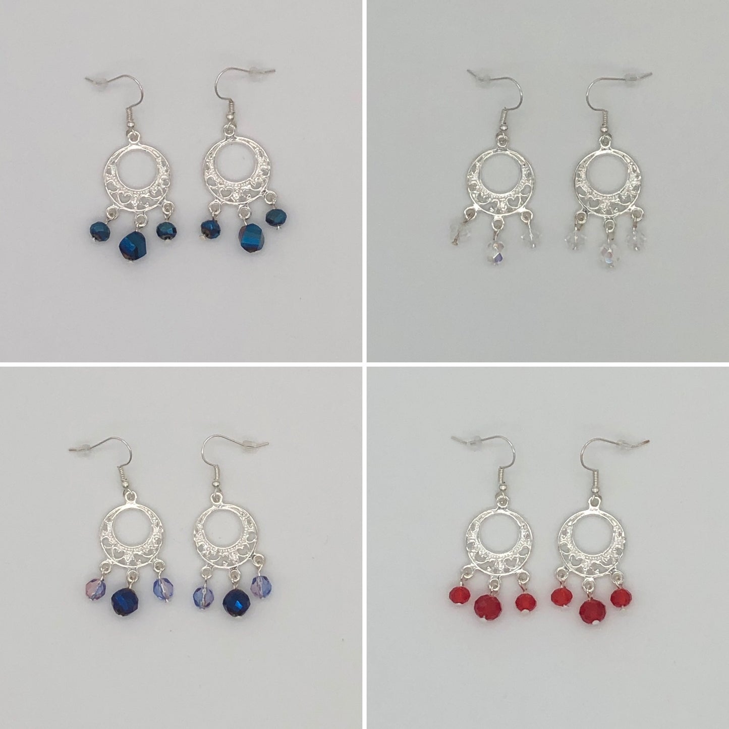 Three glass bead silver plated chandelier fishhook earrings
