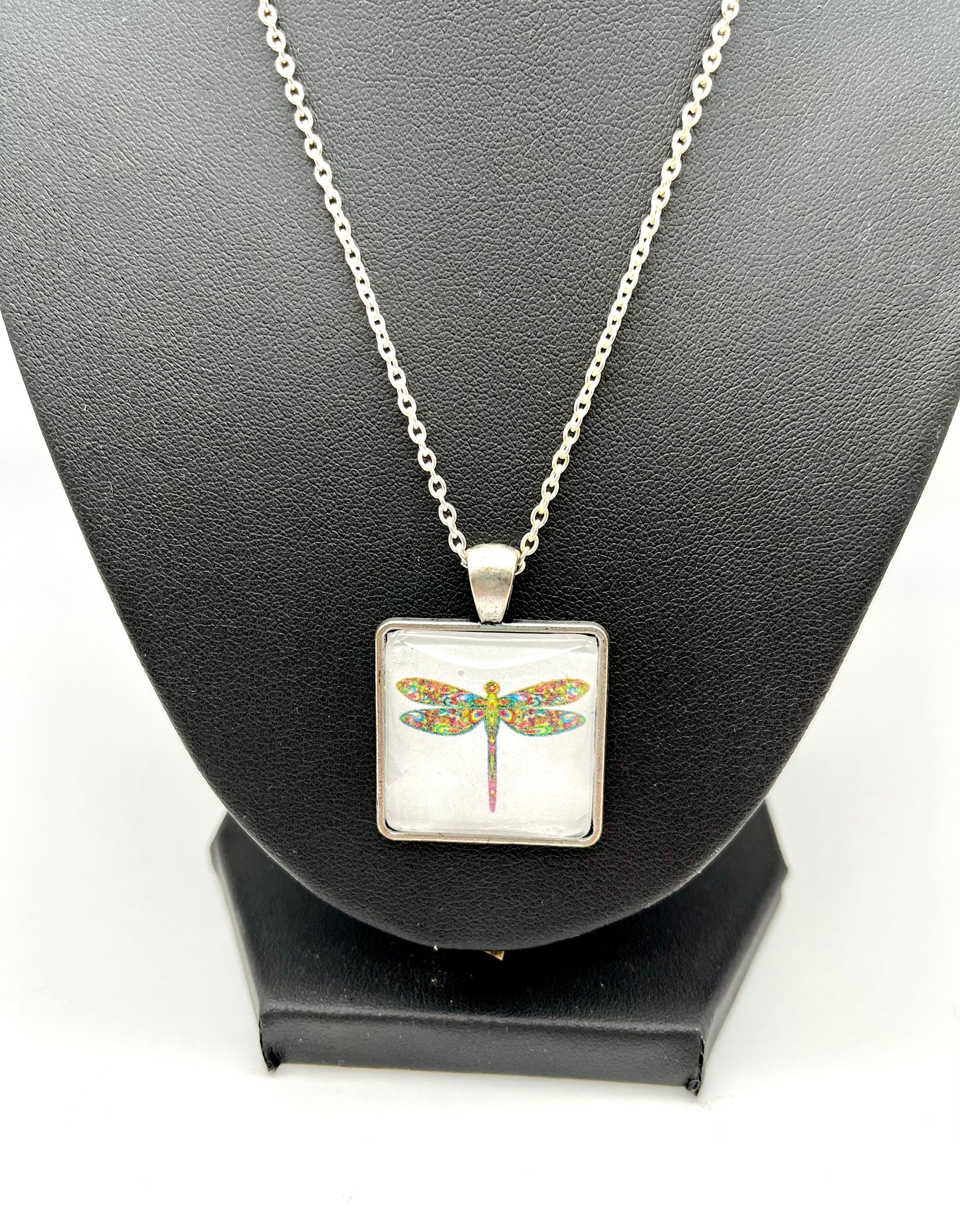 Antique silver dragonfly print square pendant chain necklace-limited edition