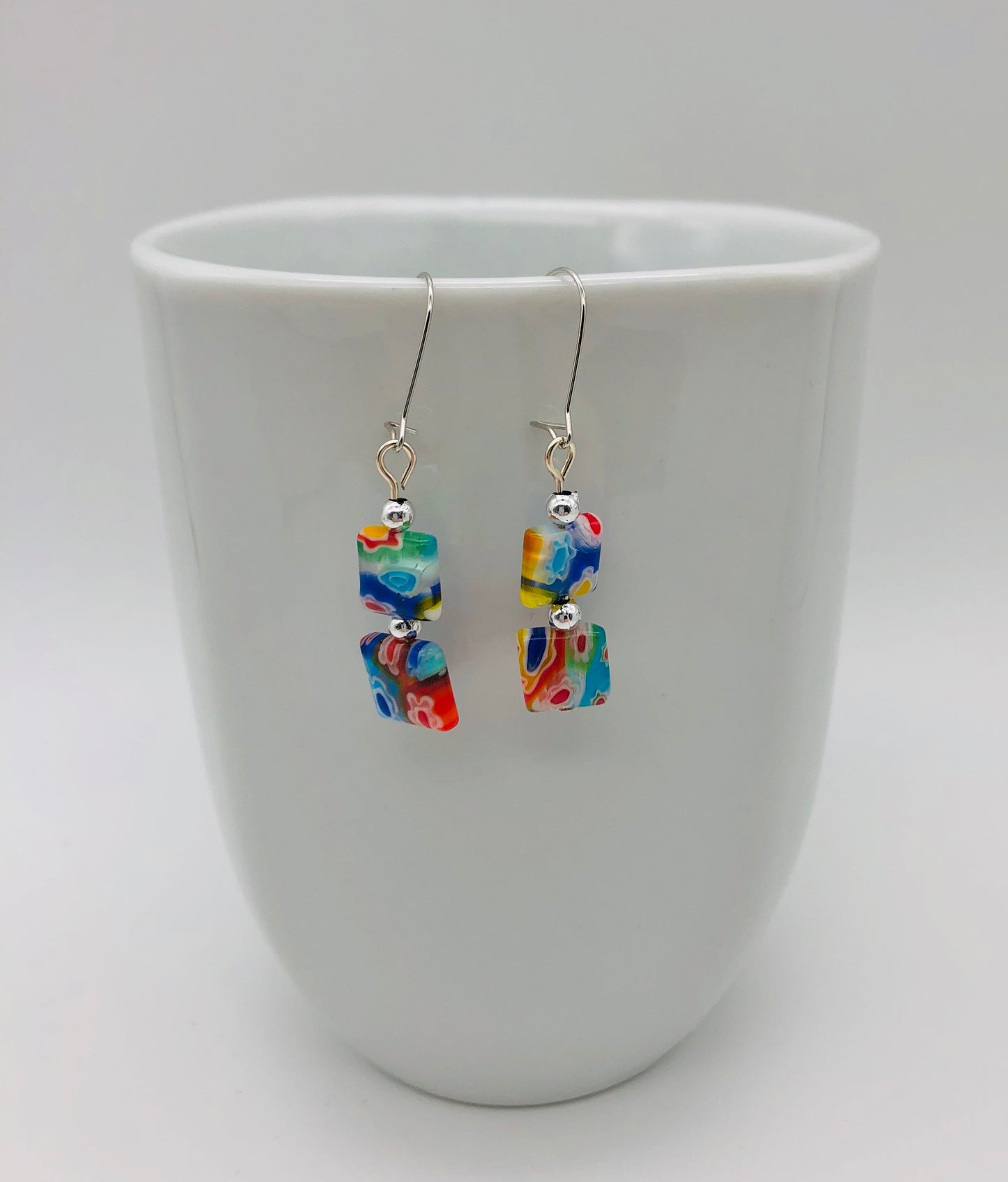 Multi-color millefiori square glass bead earrings