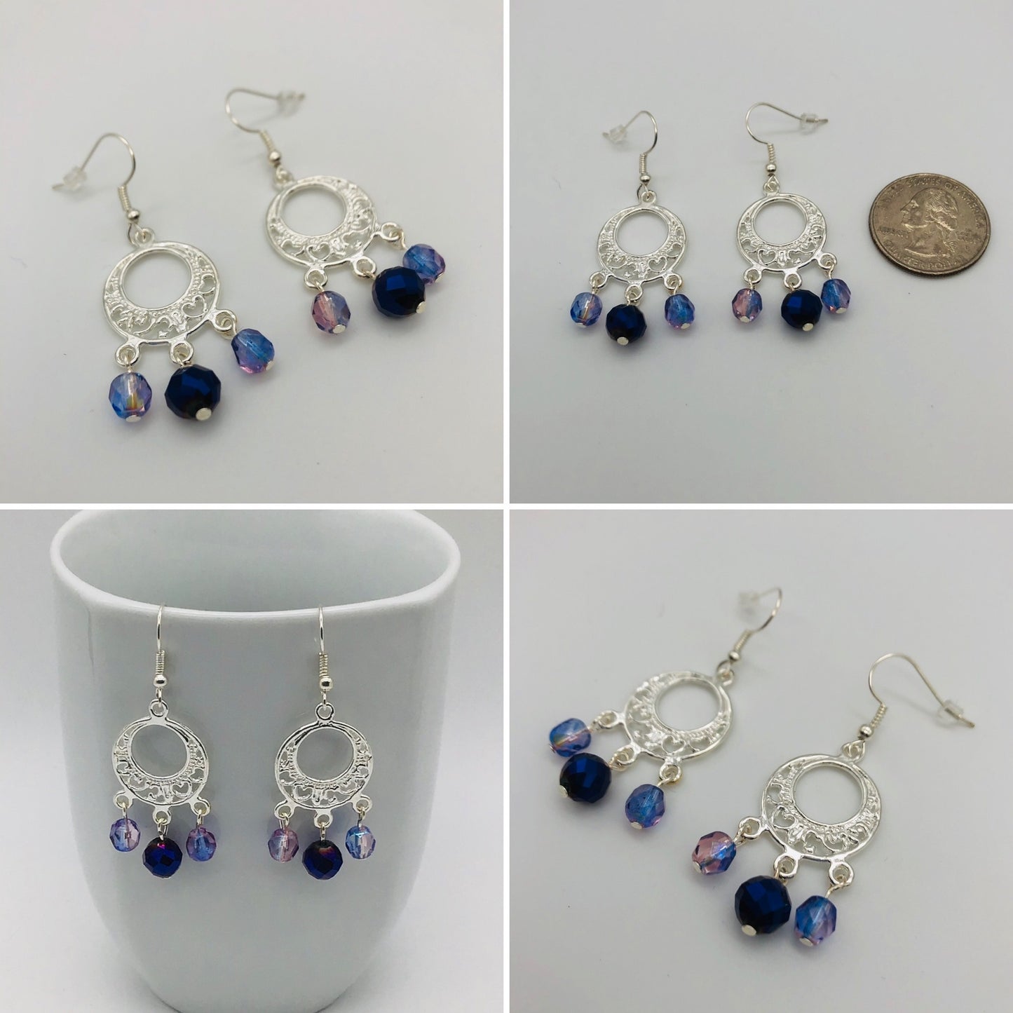 Three glass bead silver plated chandelier fishhook earrings
