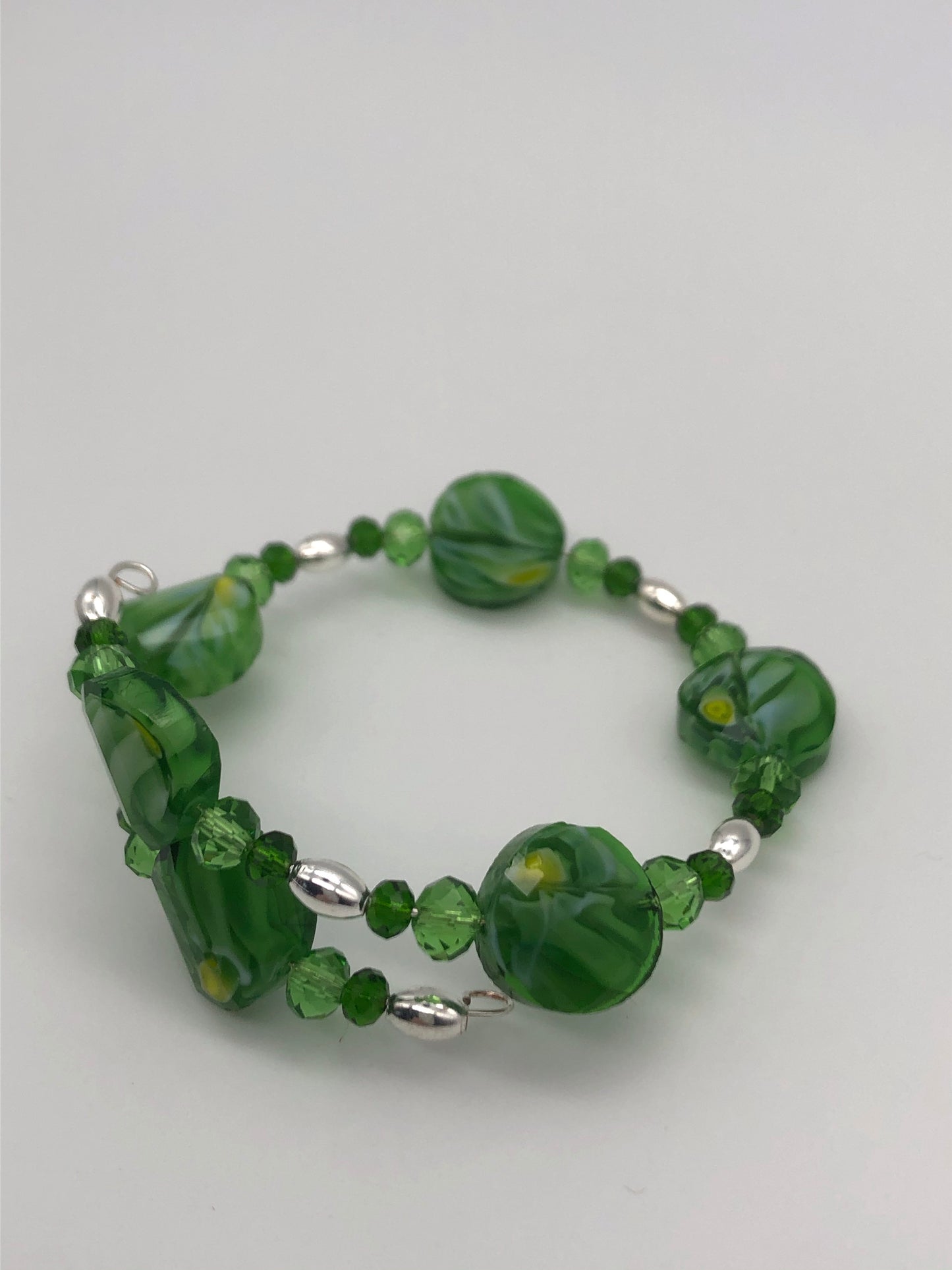Green marble glass beads silver oval beads memory wire bracelet