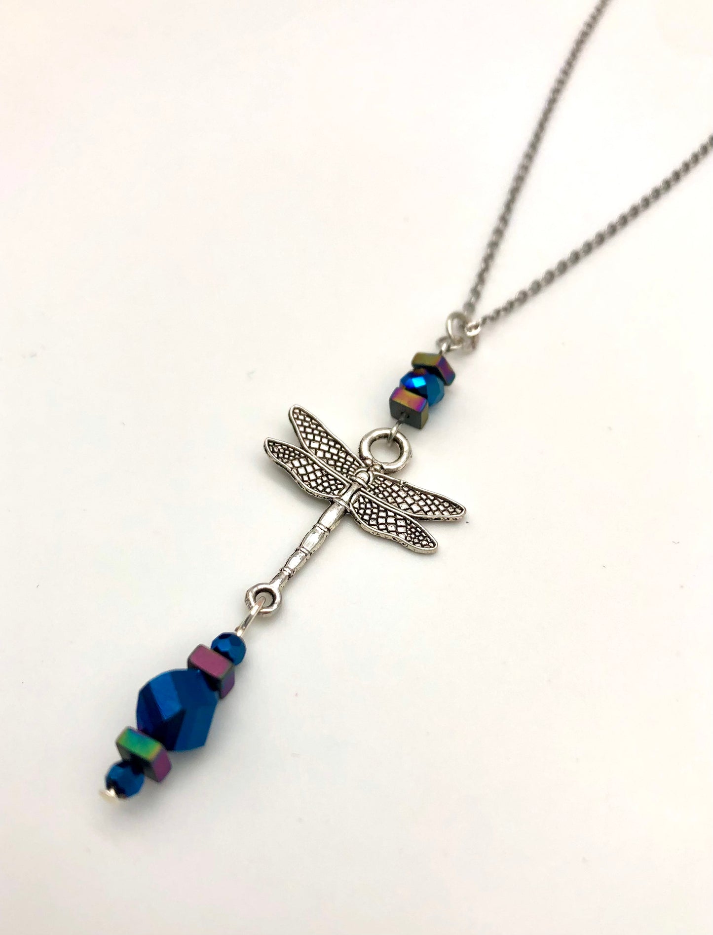 Dragonfly pendant with glass bead detail stainless steel necklace