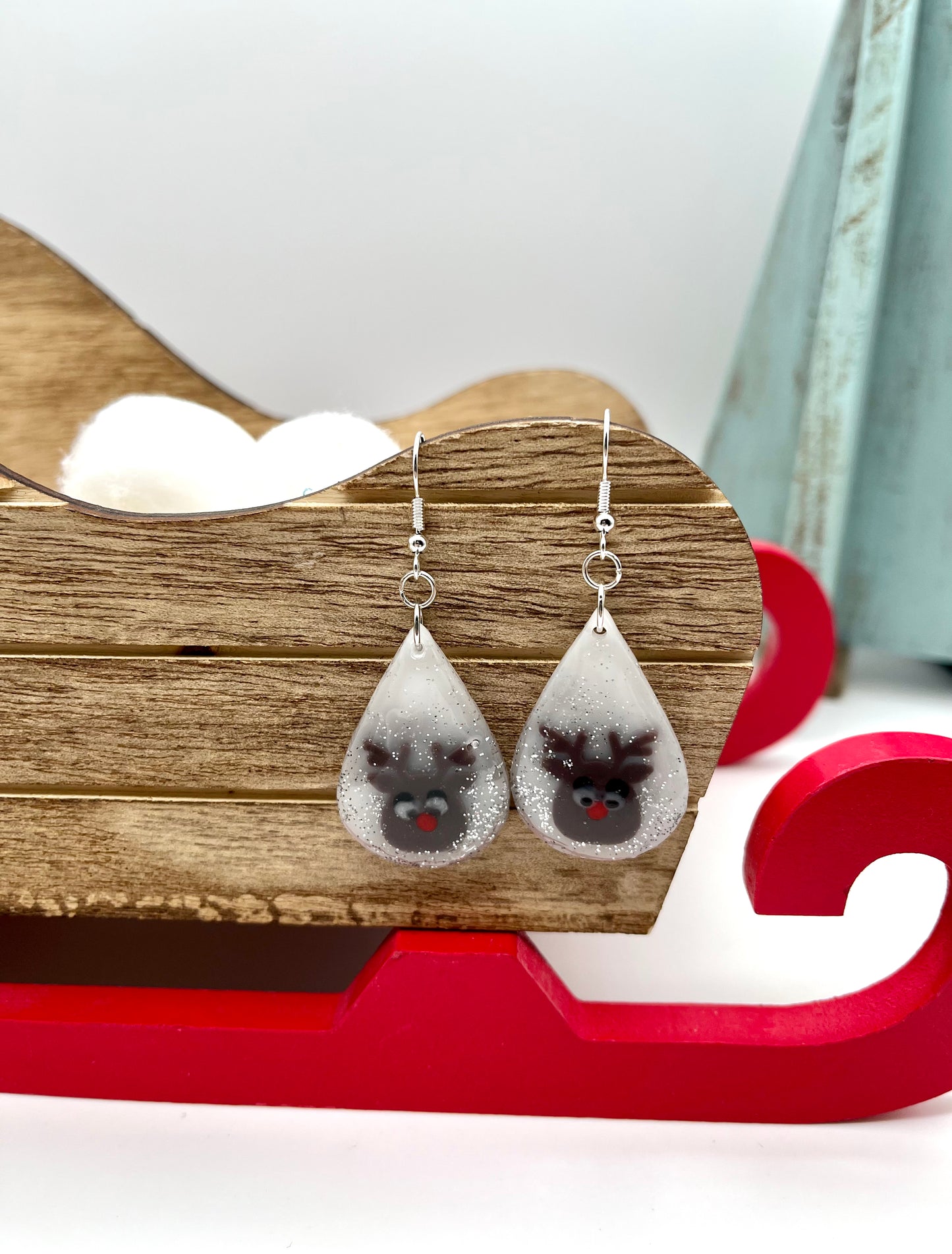 Resin reindeer teardrop earrings