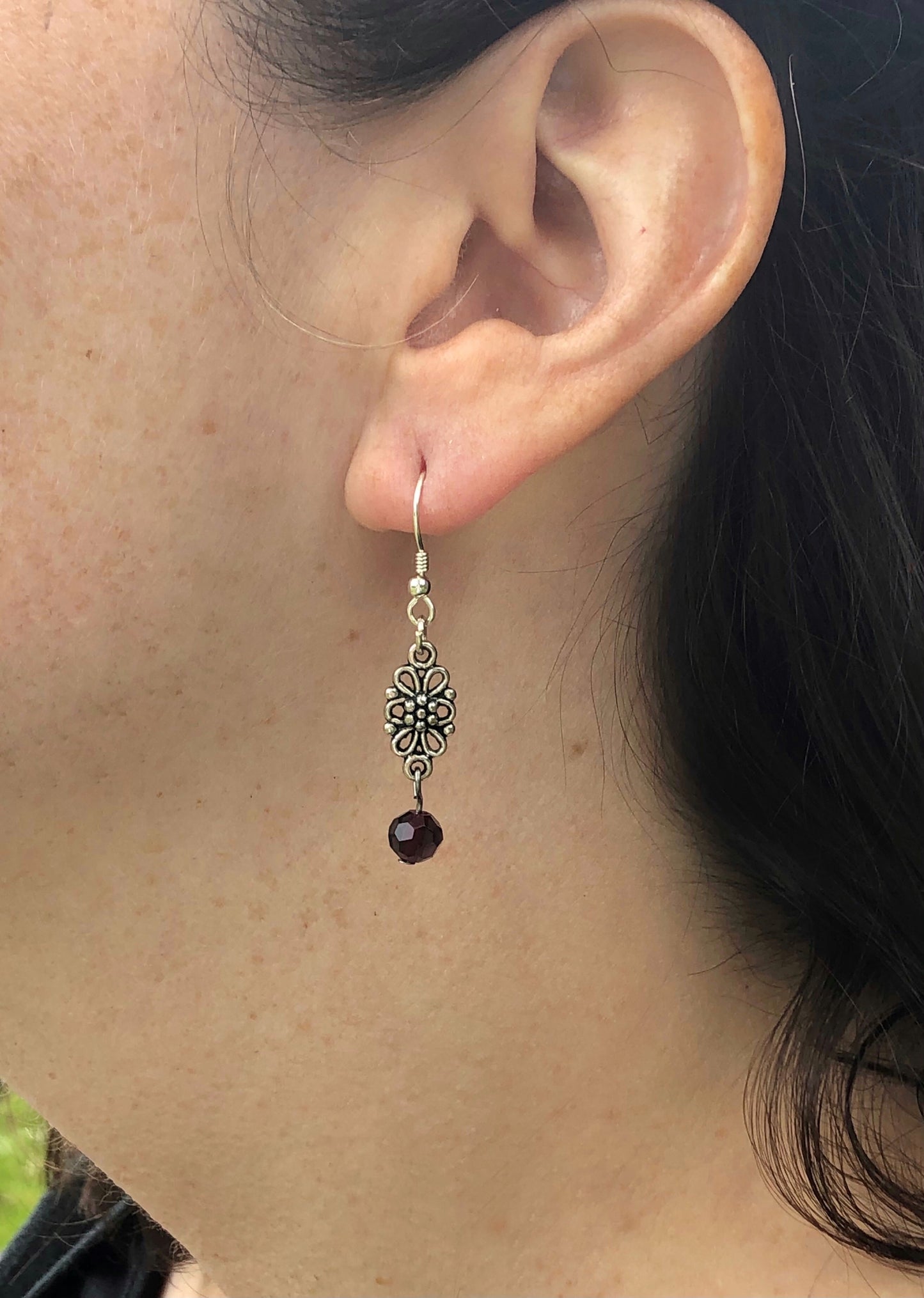Purple glass bead flower drop earrings