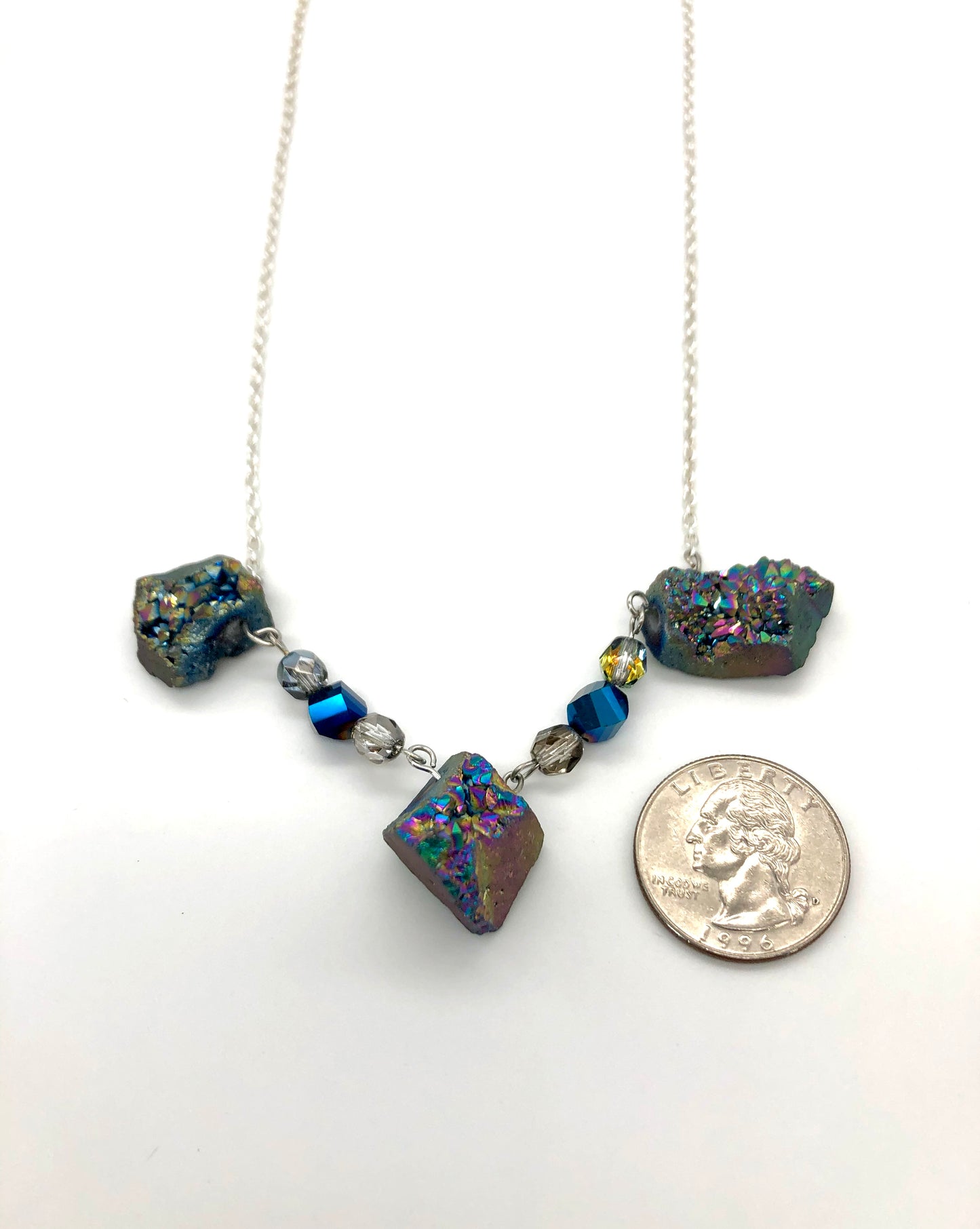 Blue druzy and silver chain necklace