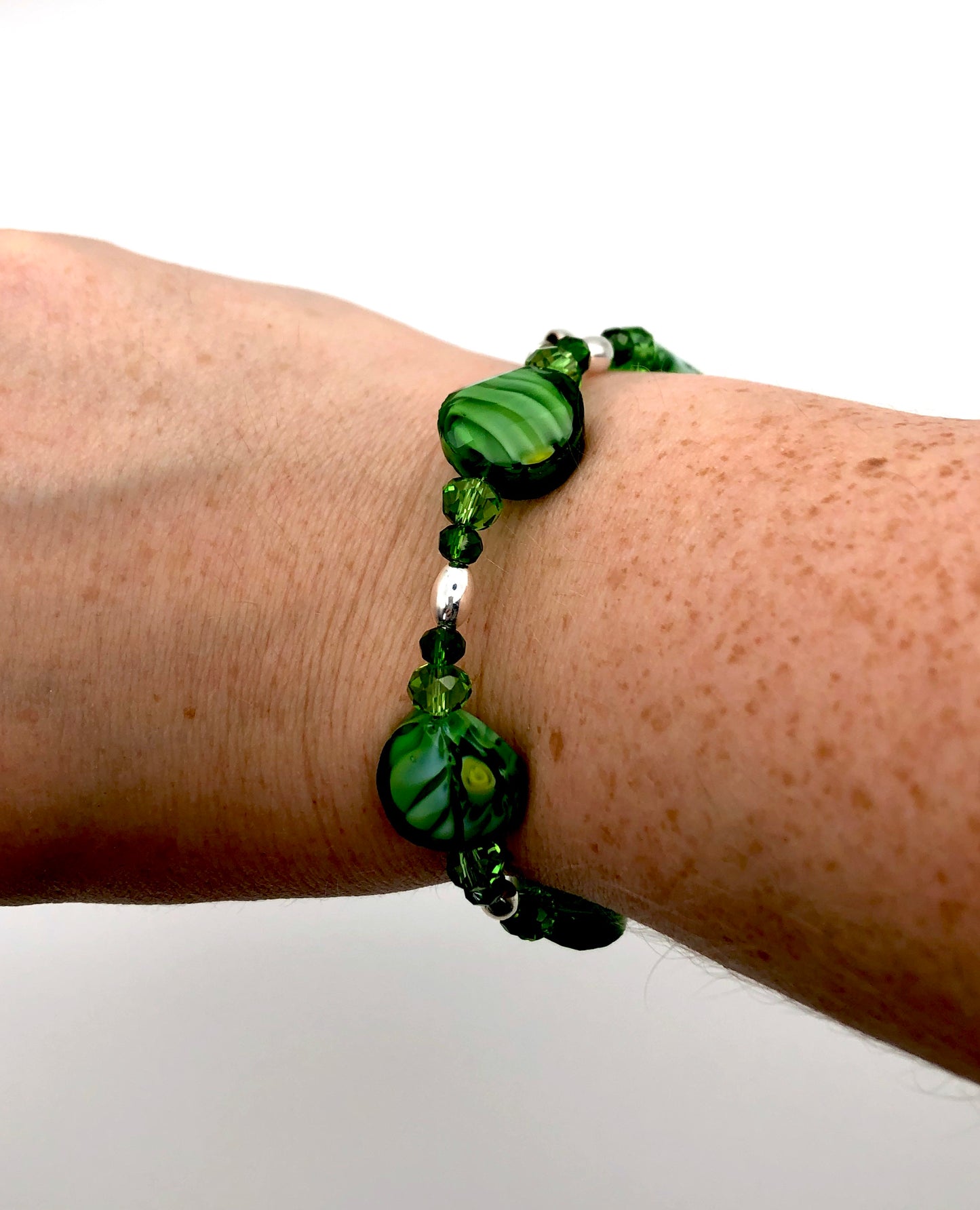 Green marble glass beads silver oval beads memory wire bracelet