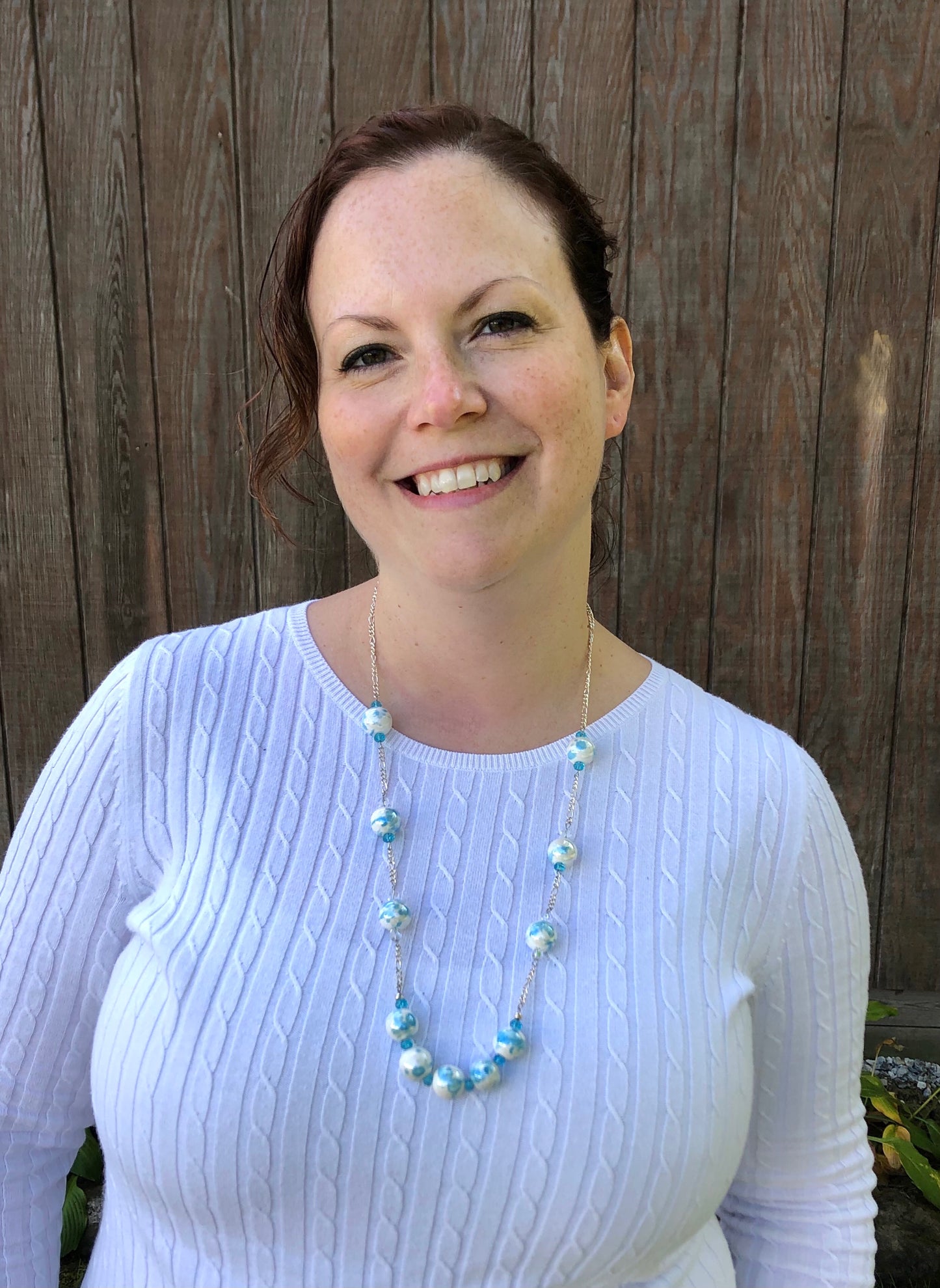 Aqua blue and white marble beaded chain necklace