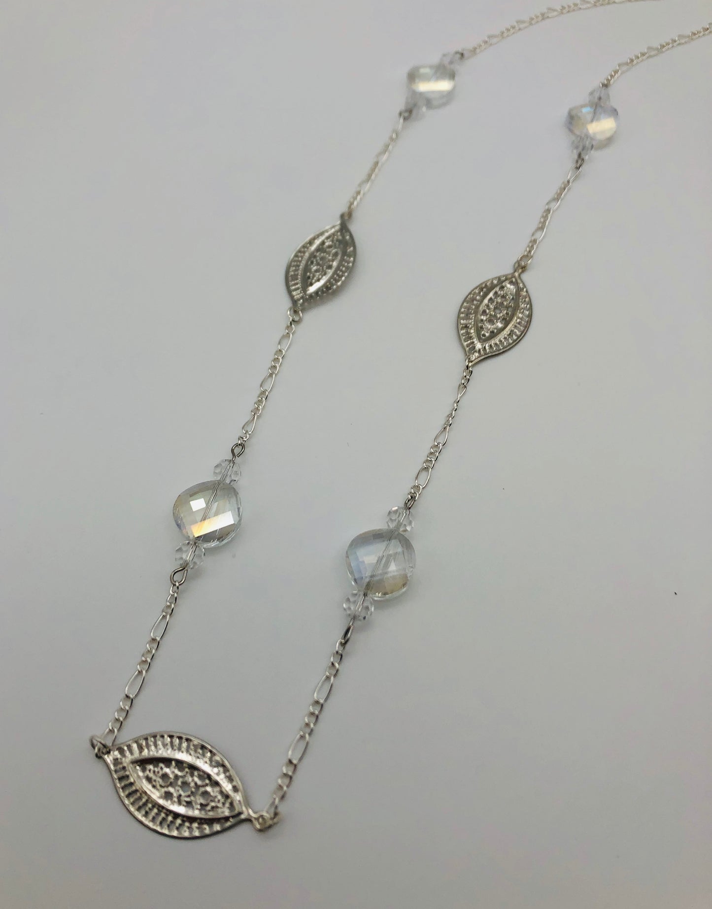 Silver plated paisley cut connector and round crystal glass bead chain necklace