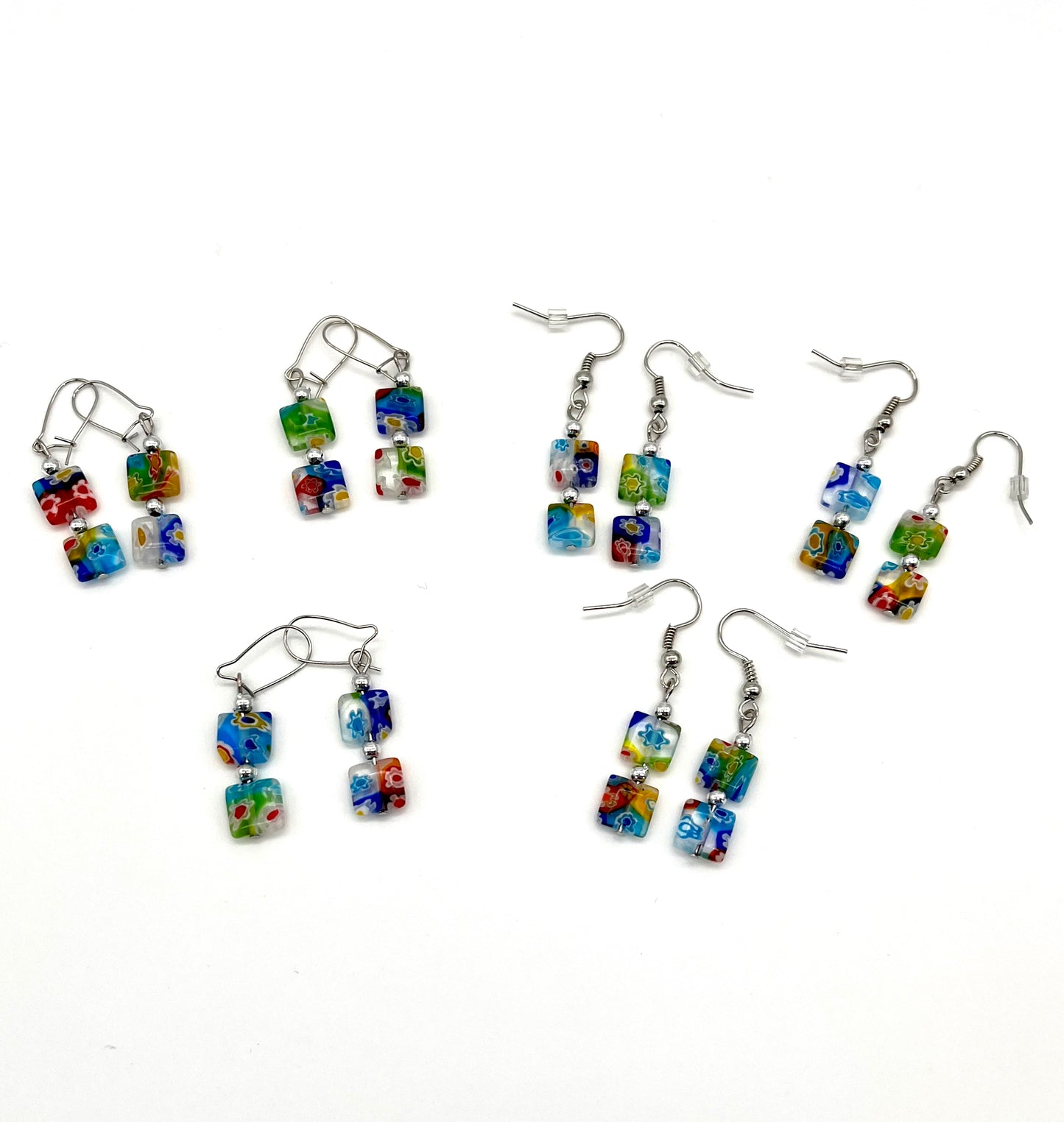 Multi-color millefiori square glass bead earrings