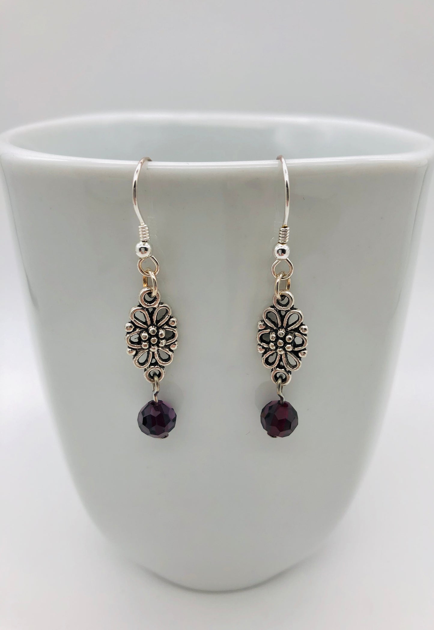 Purple glass bead flower drop earrings
