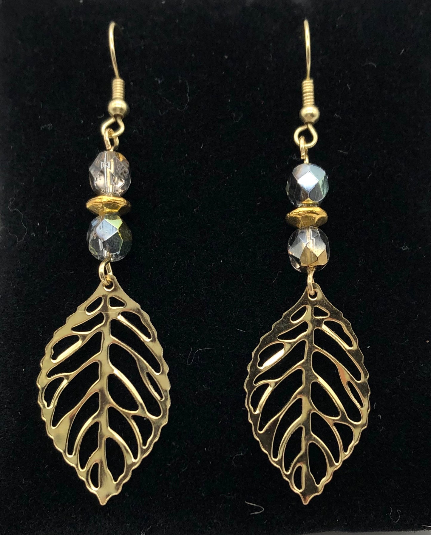 Gold leaf with gold and amber beads earrings
