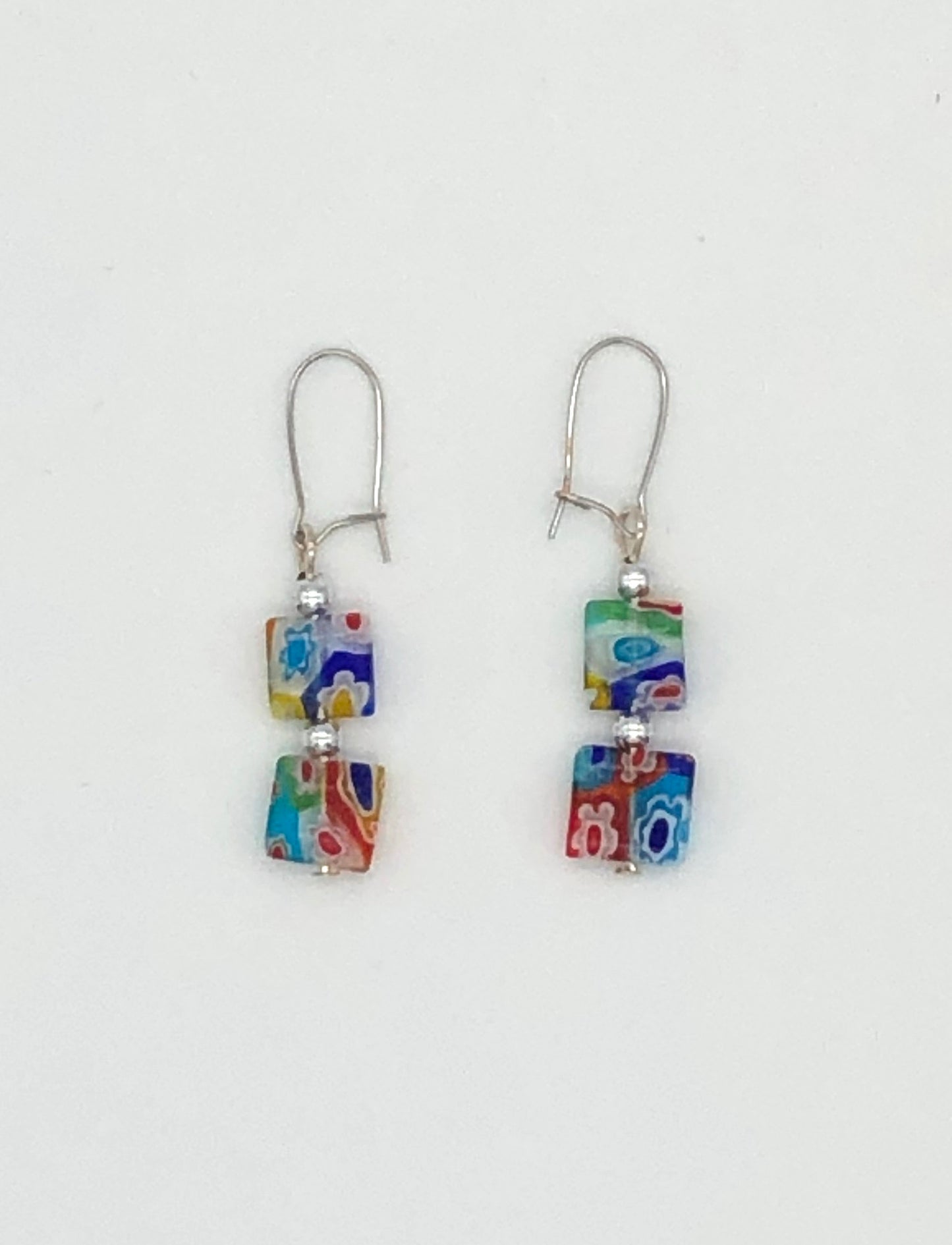 Multi-color millefiori square glass bead earrings