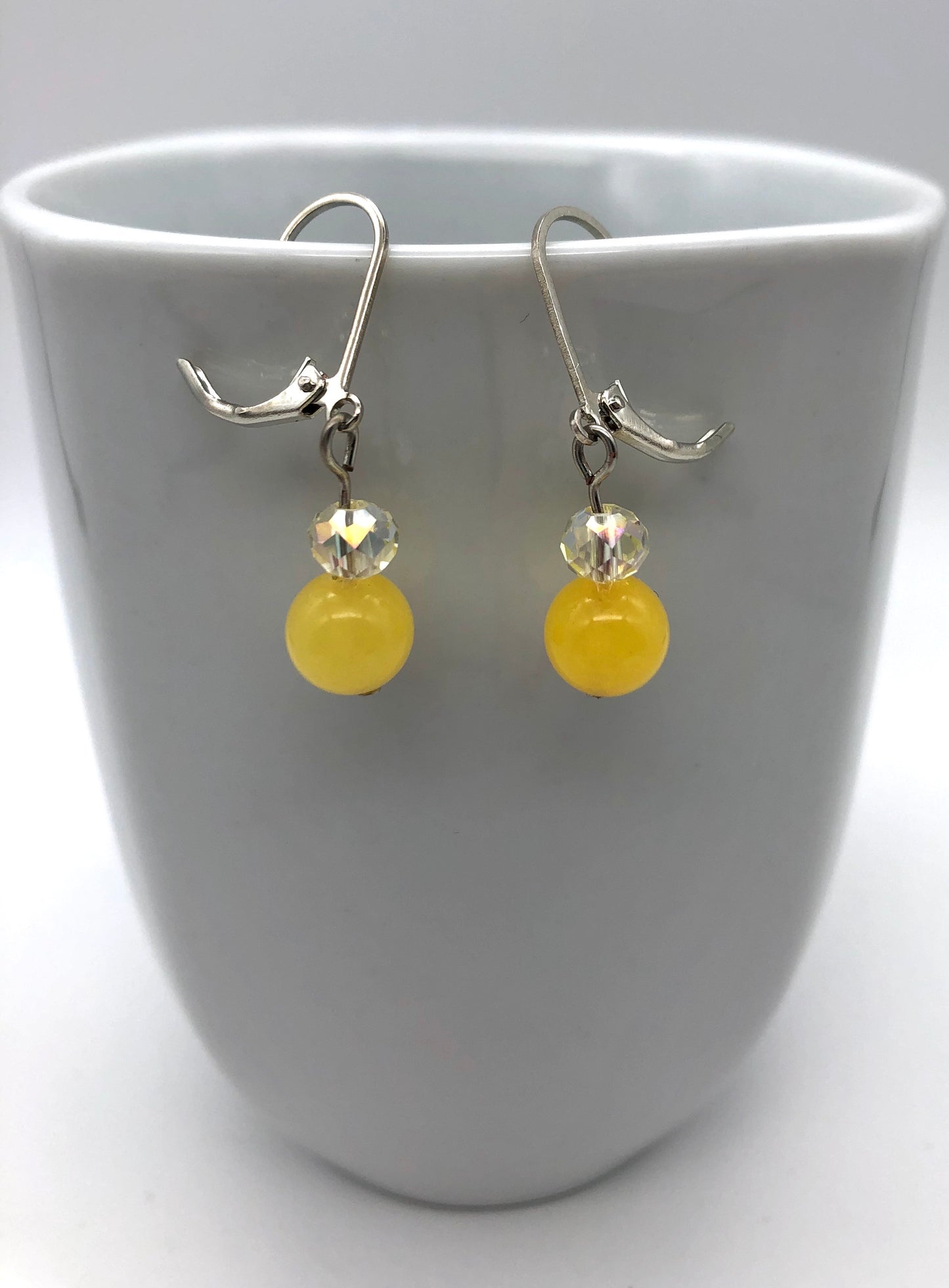 Yellow natural stone and glass bead lever back earrings