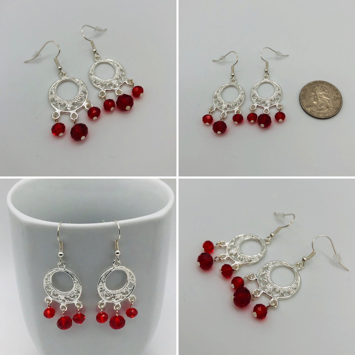 Three glass bead silver plated chandelier fishhook earrings