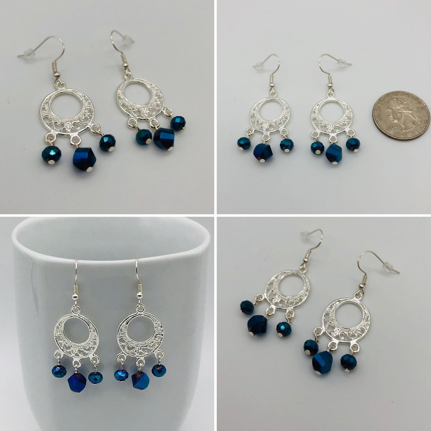 Three glass bead silver plated chandelier fishhook earrings