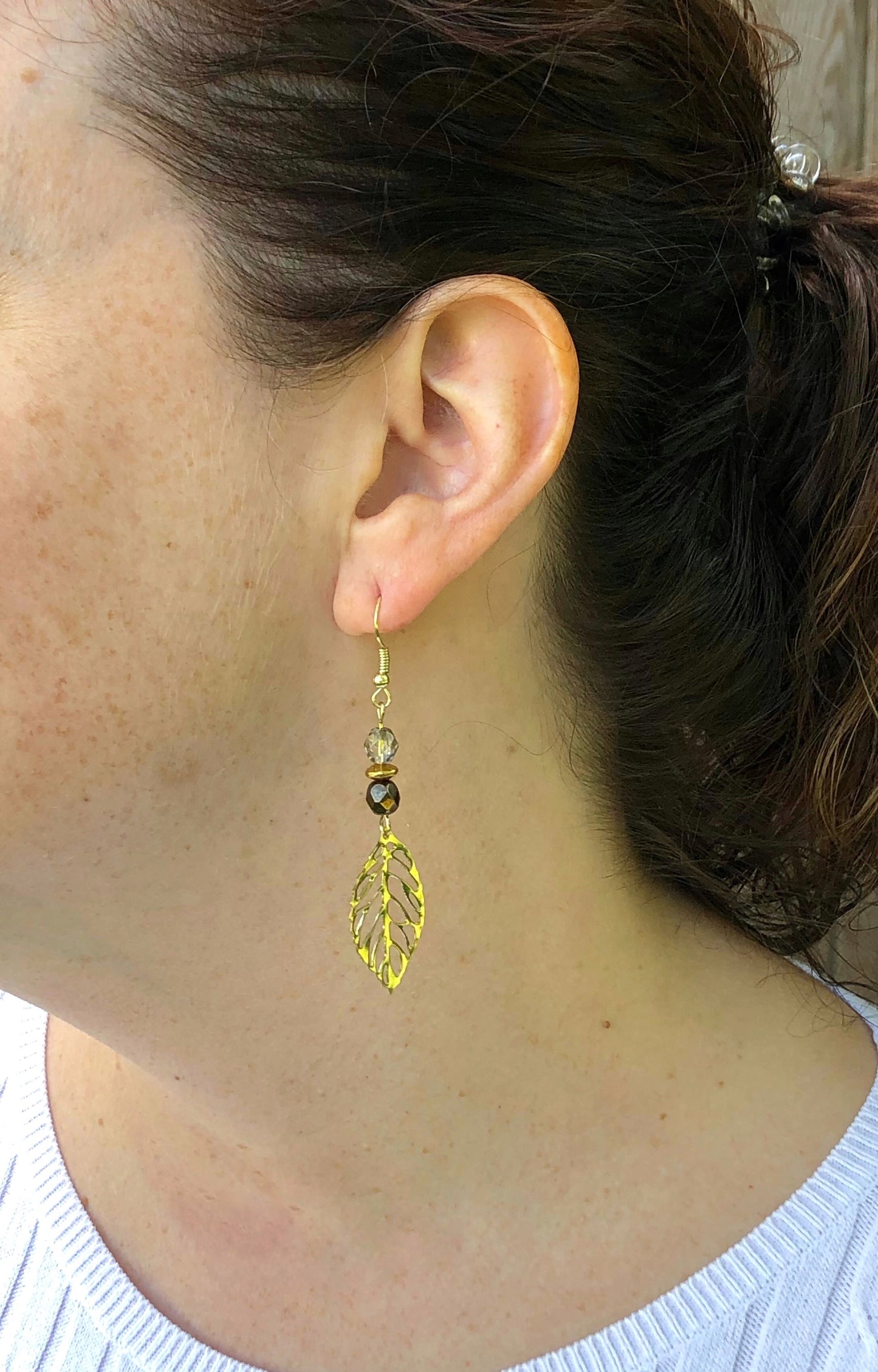 Gold leaf with gold and amber beads earrings