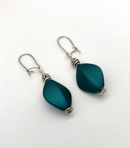 Teal matte oval bead earrings